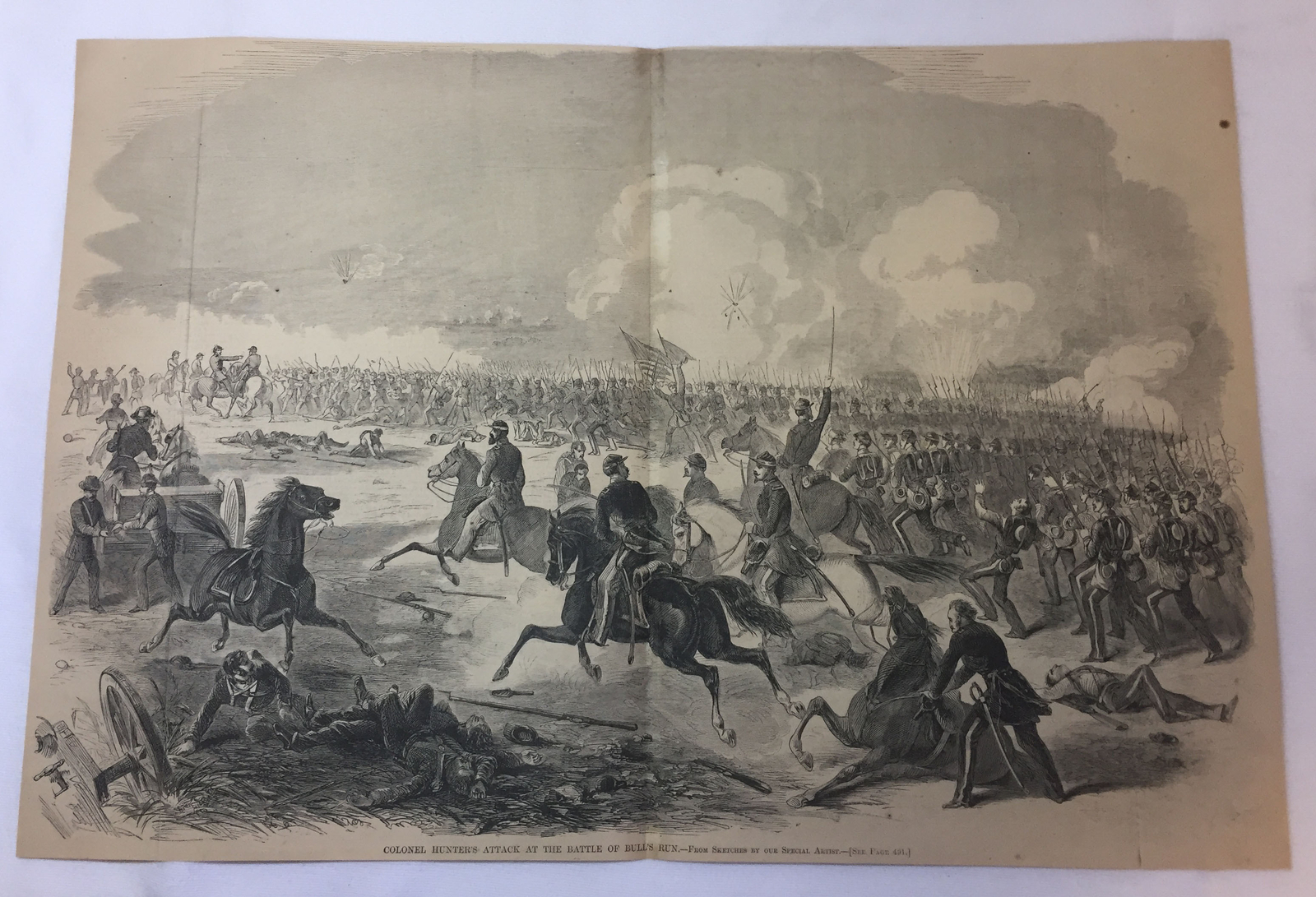 1861 magazine engraving~14x21~COLONEL HUNTER'S ATTACK, BULL RUN Civil War
