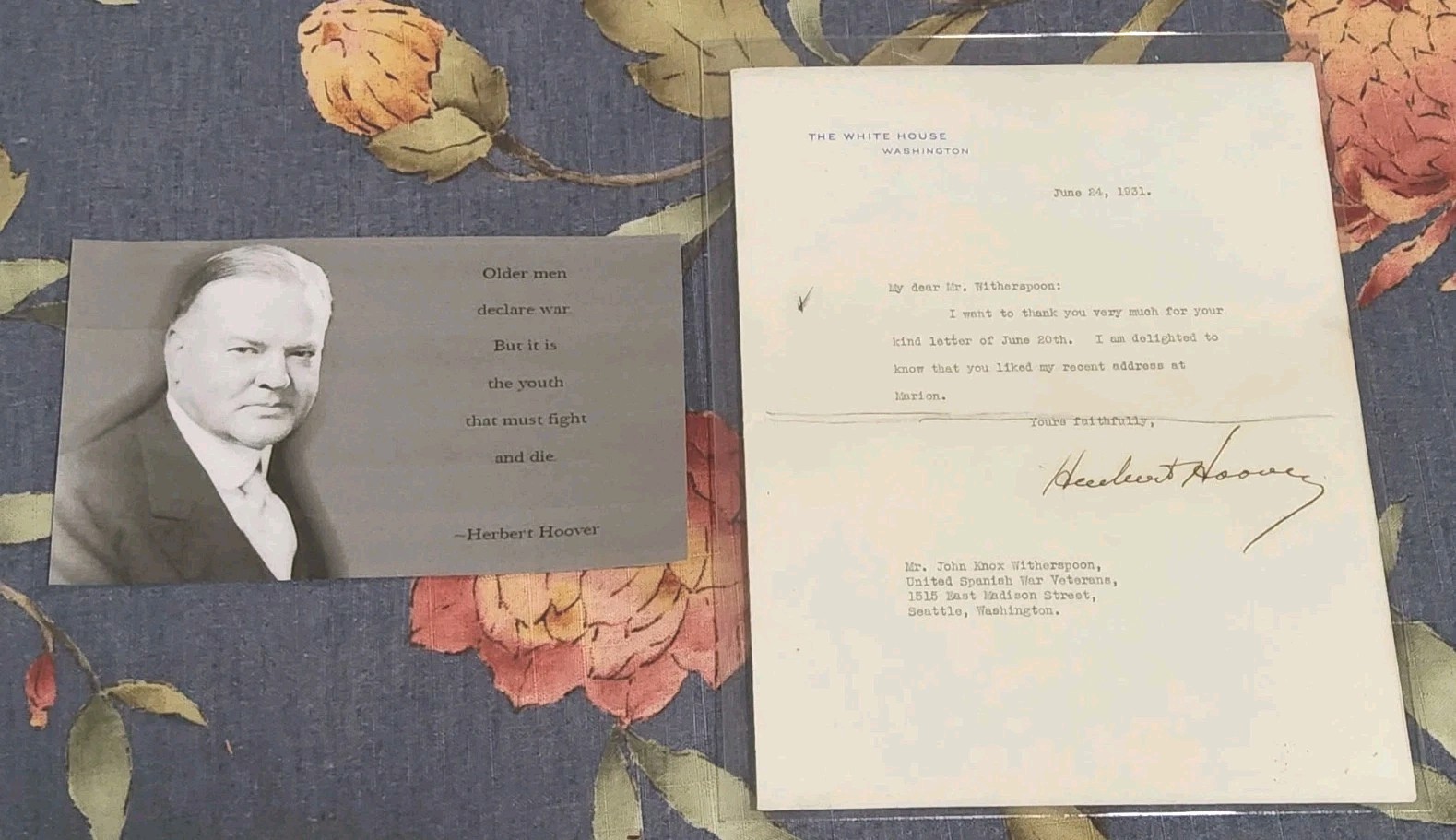 1931 LETTER SIGNED by HERBERT HOOVER as President For Speech Marion Cty Indiana 1931 LETTER SIGNED by HERBERT HOOVER as President For Speech Marion Cty Indiana