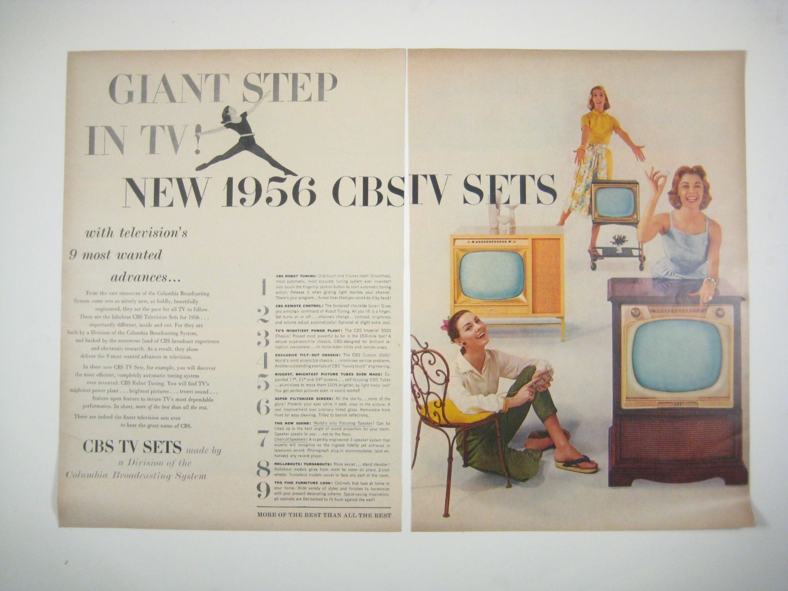 Vintage 1956 CBS Television Sets Print Advertisement 2 Page MOD Fashion READ
