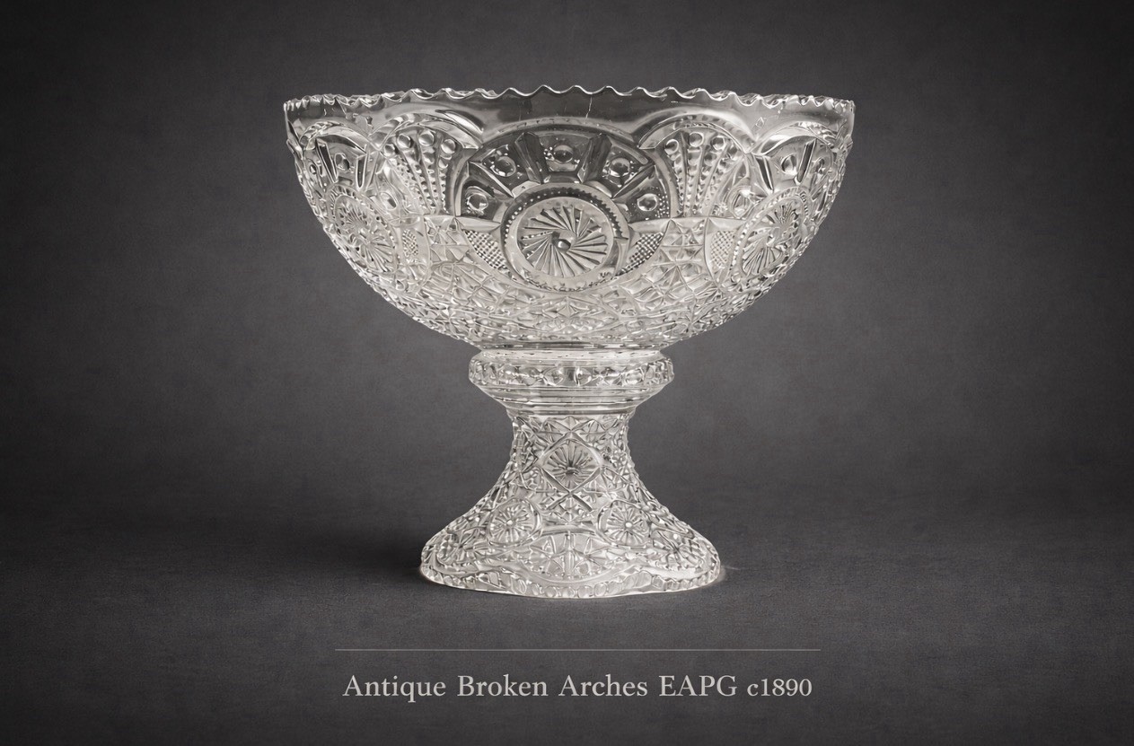 Antique Broken Arches Punch Bowl  w/ Origi. Pedestal EAPG Adams c1890 12