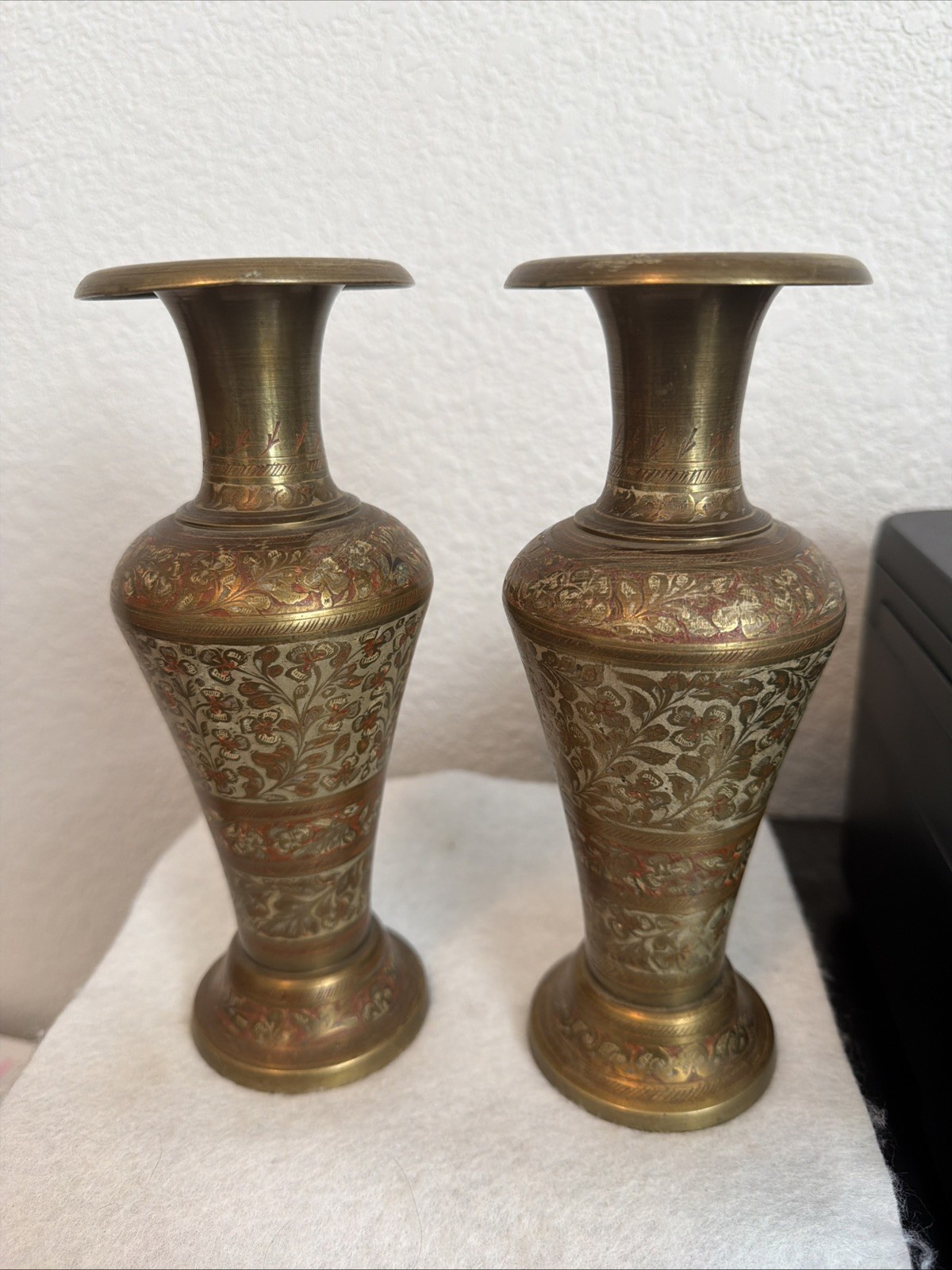Vintage Etched Brass Vases Metal Floral Flower India 8” Set Of 2 Preowned