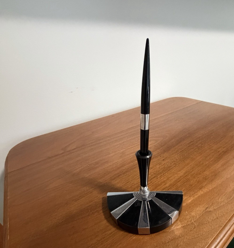 Vintage Parker Desk Pen Stand Black Chrome Office Writing Art Deco MCM Decor