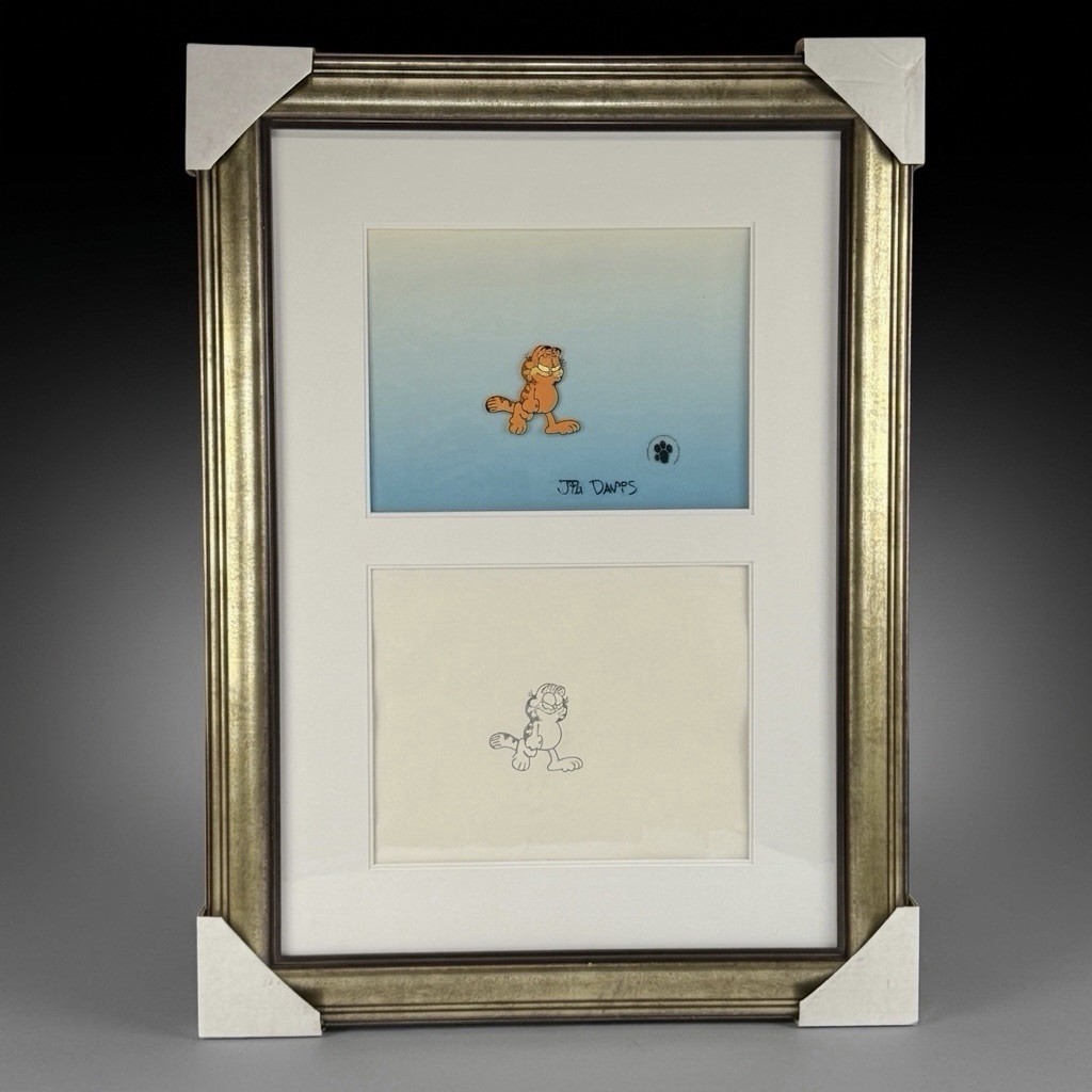 Original Garfield Jim Davis Signed Sketch Drawing + Production Animation Cel