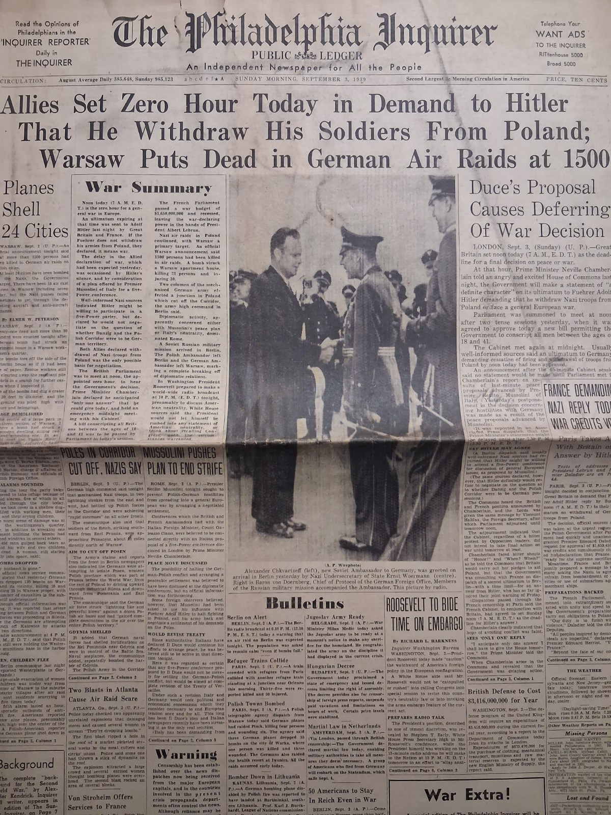 1939 THE PHILADELPHIA INQUIRER Sept 3 POLAND INVASION 