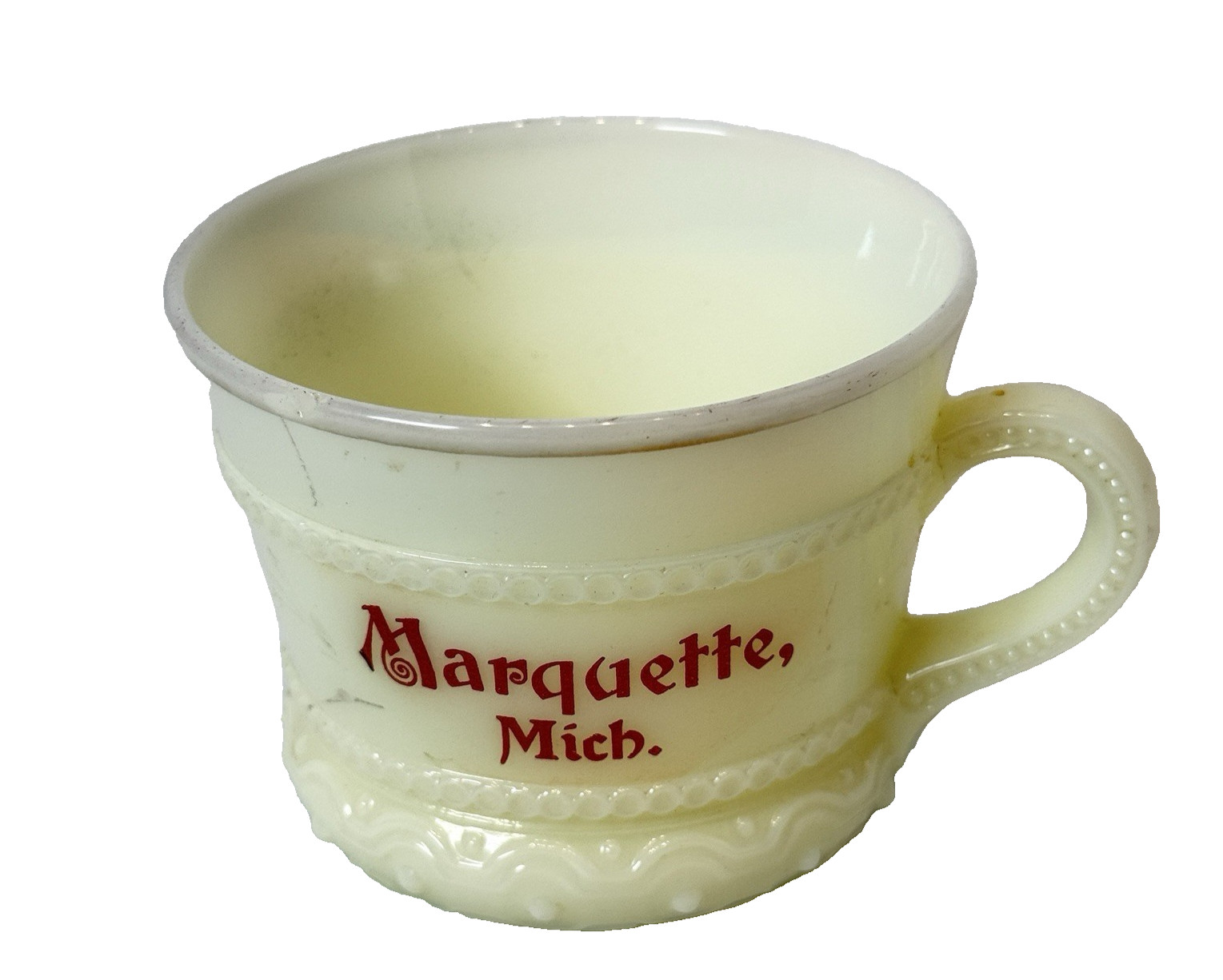 MARQUETTE , MICHIGAN MI Uranium Custard Souvenir Antique Glass COFFEE MUG CUP MARQUETTE , MICHIGAN MI Uranium Custard Souvenir Antique Glass COFFEE MUG CUP