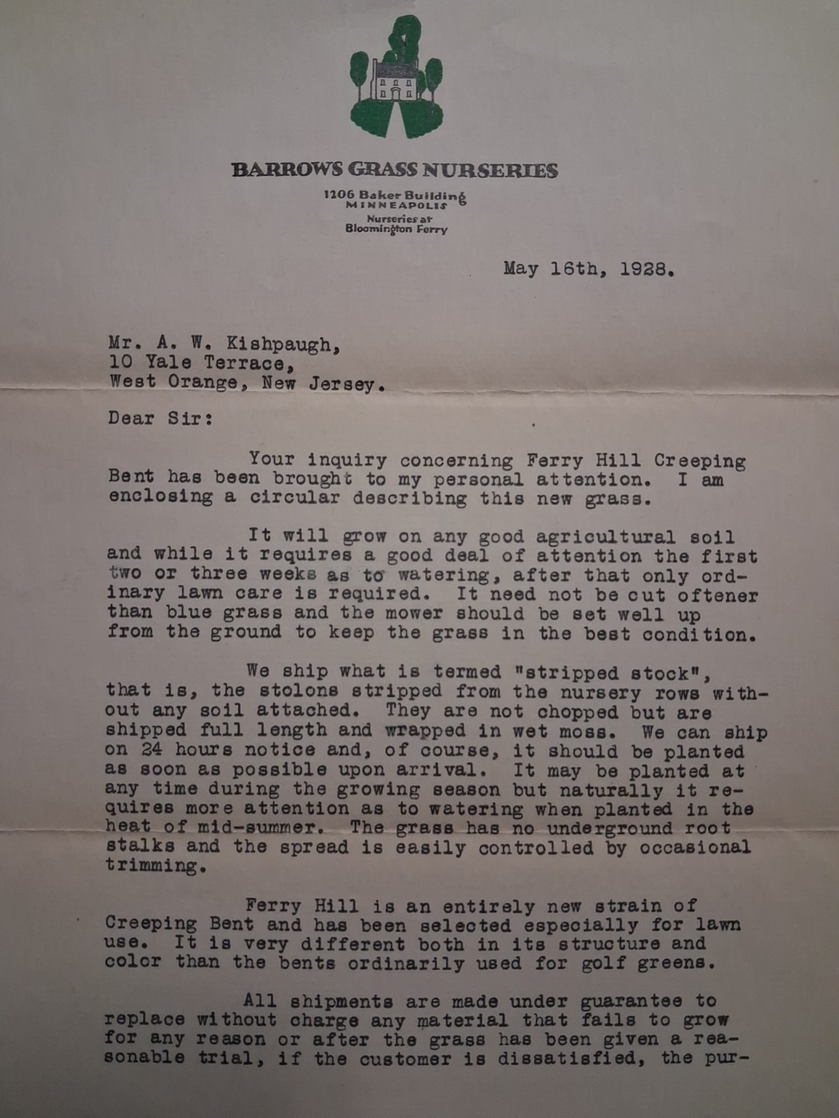 1928 West Orange NJ BARROWS GRASS NURSERIES Lawn Local History