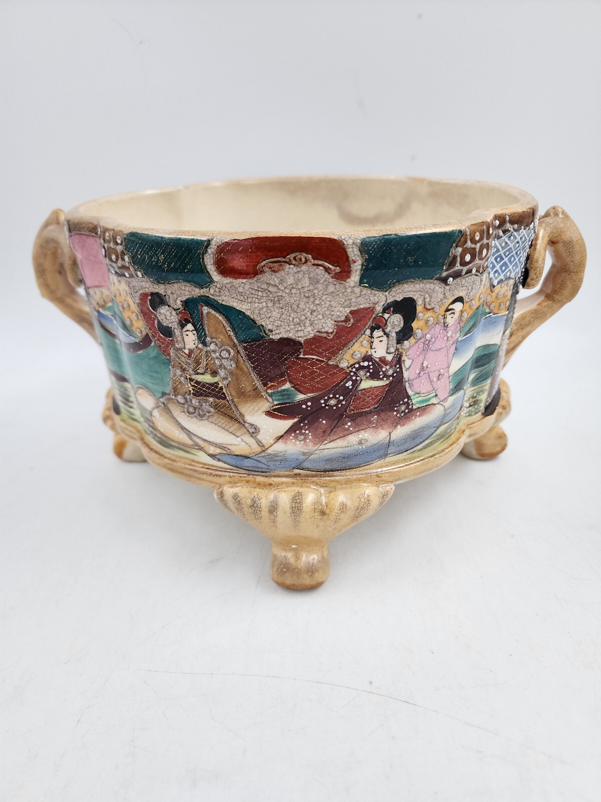 JAPANESE ASIAN SATSUMA MORIAGE STYLE FOOTED PLANTER JAPANESE ASIAN SATSUMA MORIAGE STYLE FOOTED PLANTER