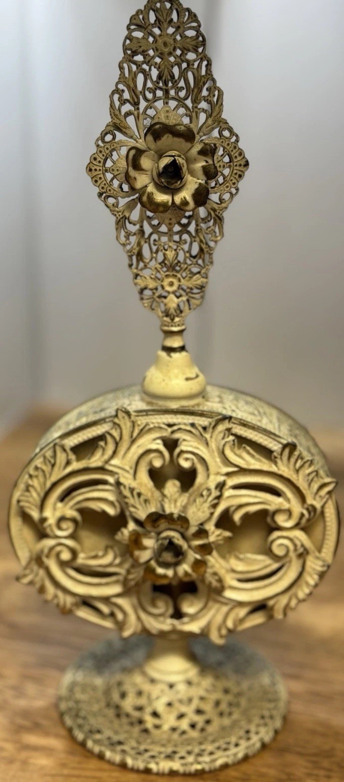 VTG 9.5” Painted Brass Ormolu Filigree Perfume Bottle w/Glass Dauber~Beautiful