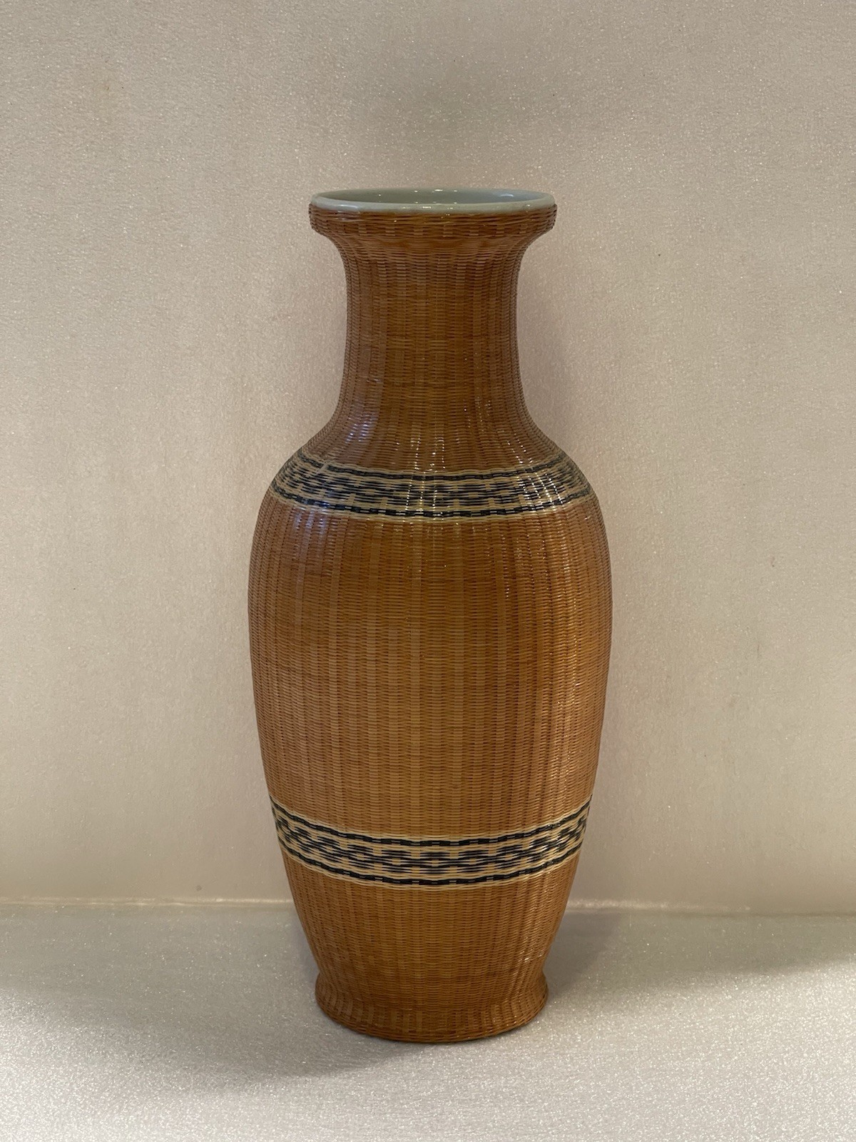 Vintage Chinese Wicker Wrapped Porcelain Floor Accent Vase Handwoven Rattan