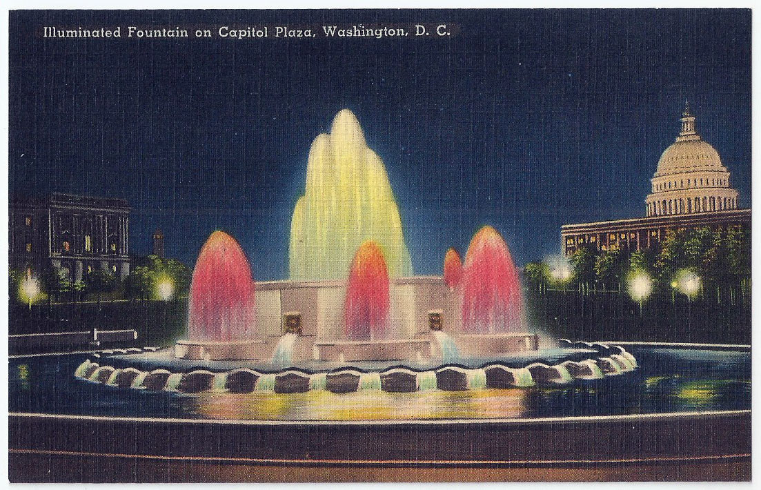 Washington DC Illuminated Fountain on Capital Plaza Vintage Postcard