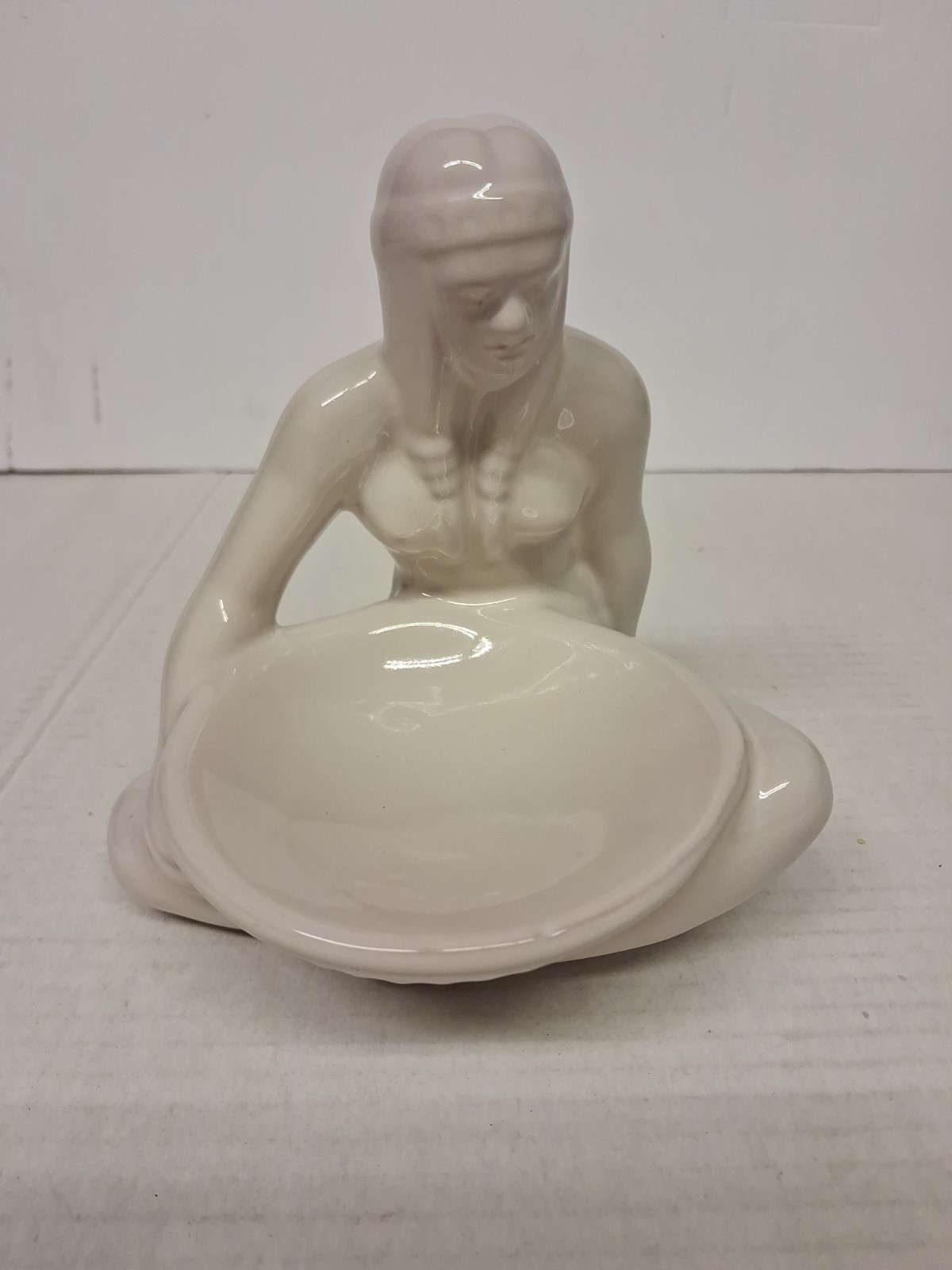 Frankoma Pottery Native American Indian Girl Bowl Maker Glossy White Figurine 