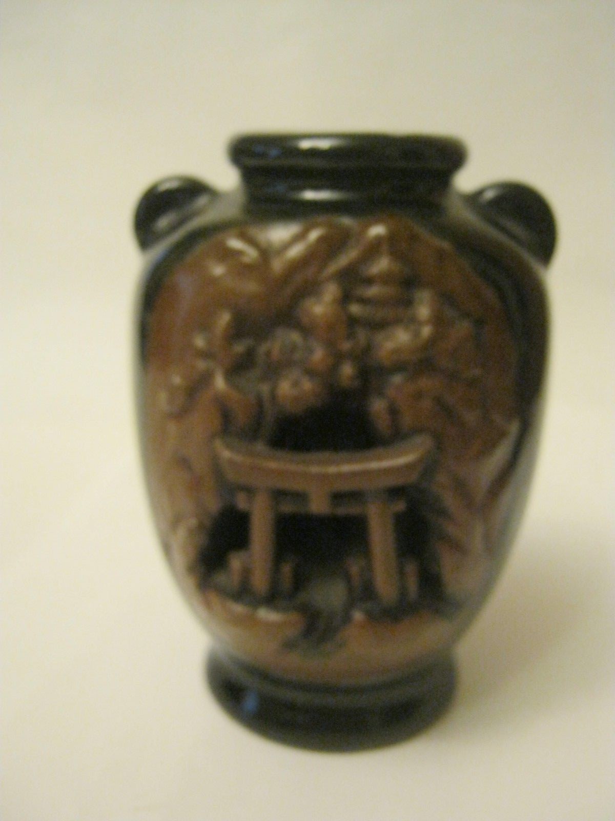 Vintage Banko Ware Ceramic Vase With Carved Relief Temple Patern, 3 3/4\