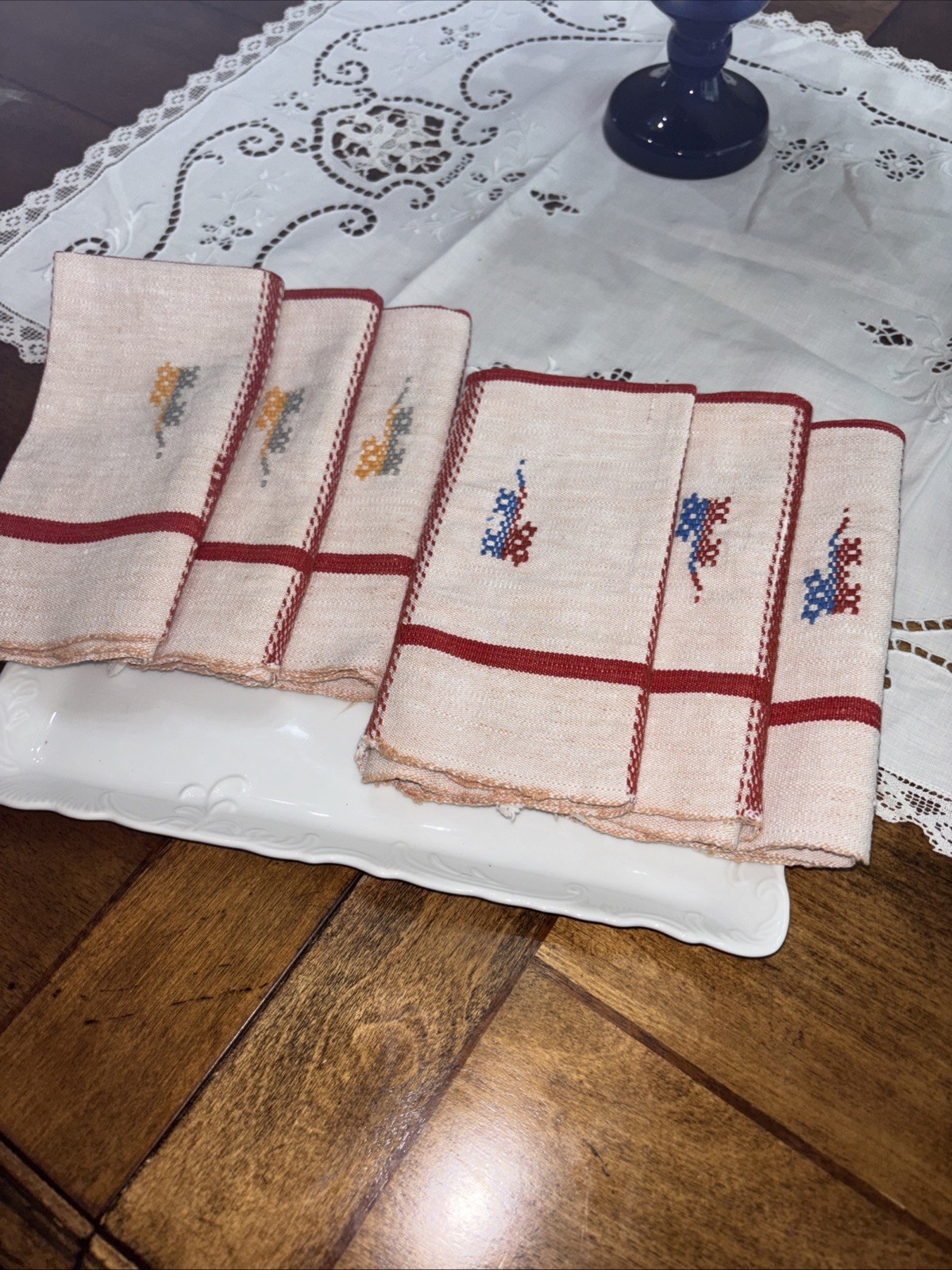 Antique Vintage French Métis Towel/napkins Torchon Red Stripe Patina Set Of 6 Antique Vintage French Métis Towel/napkins Torchon Red Stripe Patina Set Of 6