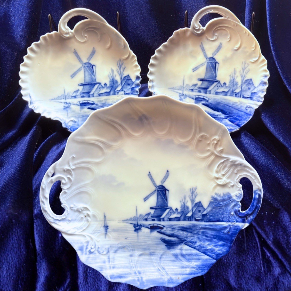 Rosenthal RC Delft Windmill Blue White Handled Cake Plate Leaf Dishes Set 3 Rosenthal RC Delft Windmill Blue White Handled Cake Plate Leaf Dishes Set 3