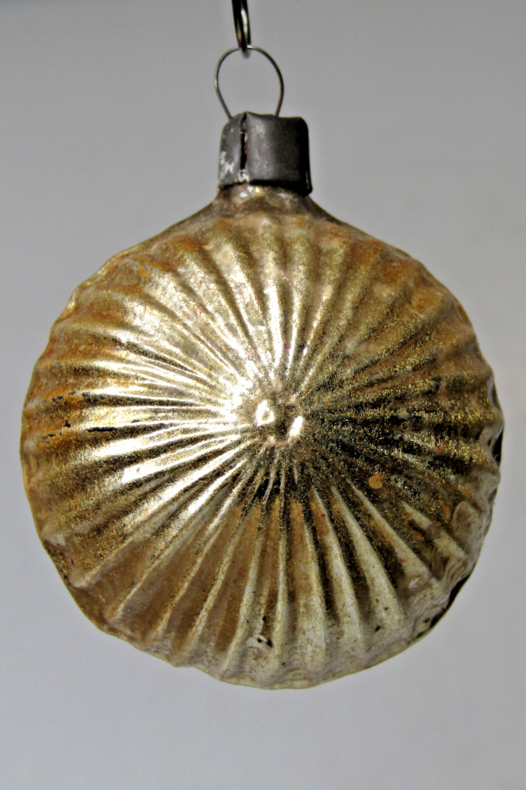 Vintage pre WWII Glass Gold RIBBED Outdent BALL Christmas Ornament Heidt