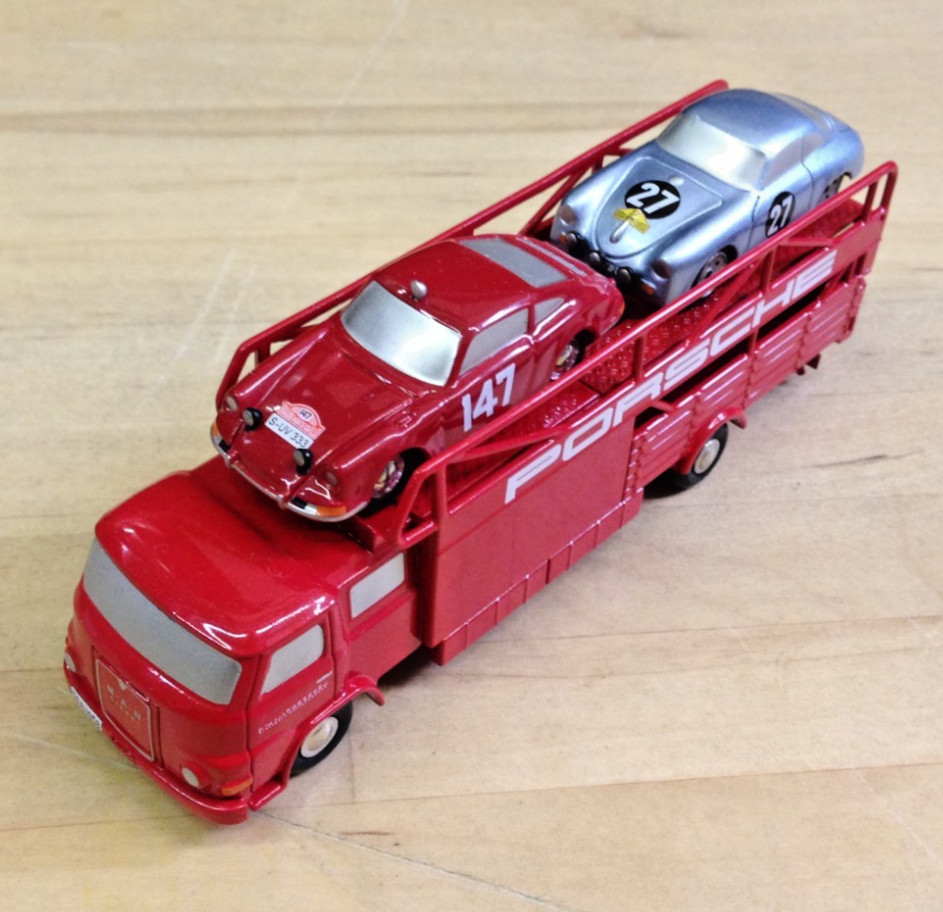 Schuco Piccolo | M.A.N. Porsche Race Car Transporter w/ 2 Cars | Item #SHU05895S