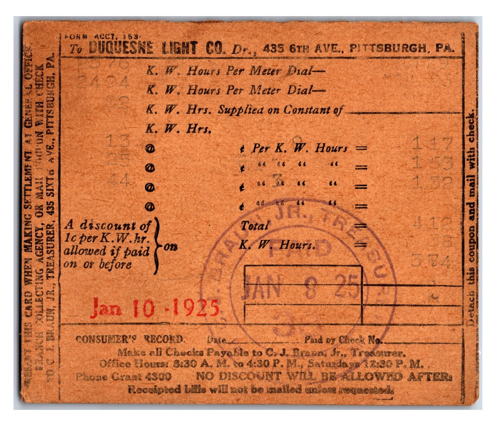 Original 1925 - Duquesne Light Company Receipt - January 1925 Pittsburgh, PA