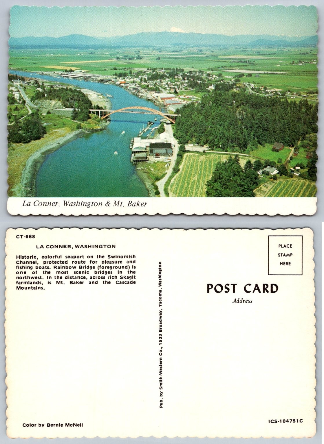 Vintage La Conner Washington Aerial View Mt. Baker Rainbow Bridge Postcard Vintage La Conner Washington Aerial View Mt. Baker Rainbow Bridge Postcard