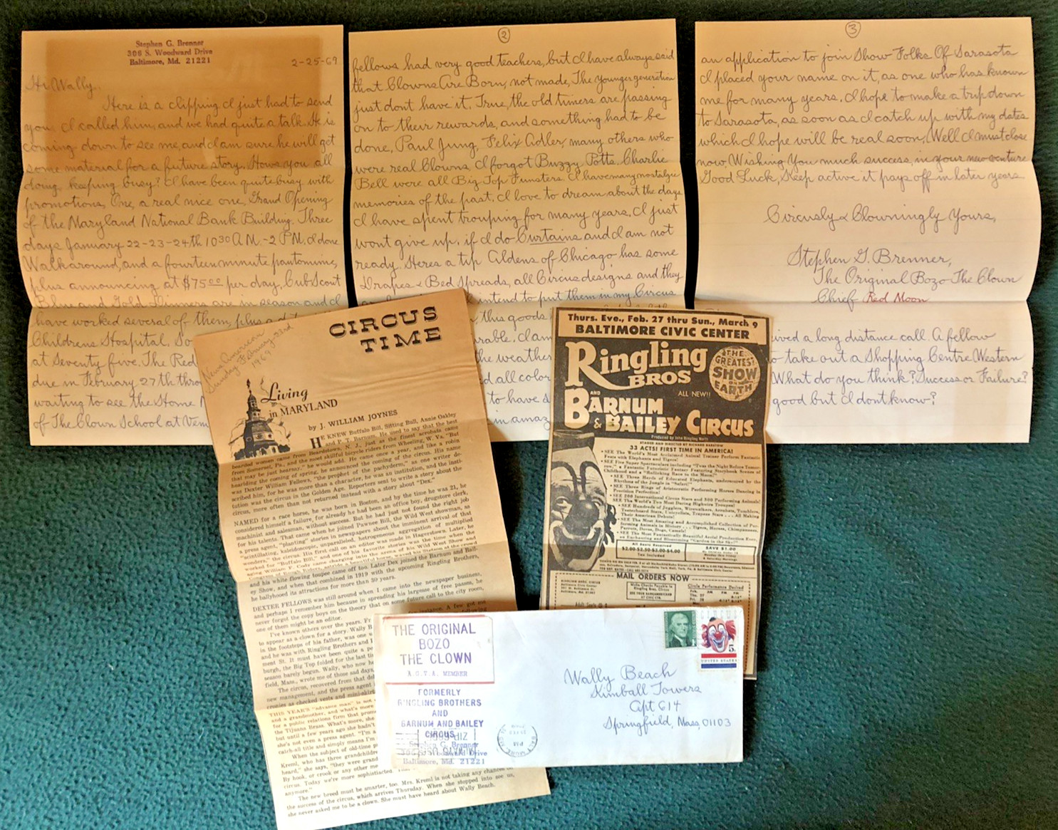 ORIGINAL BOZO THE CLOWN Signed 3 Page Letter 1969 Clowns Are Born, not made RARE