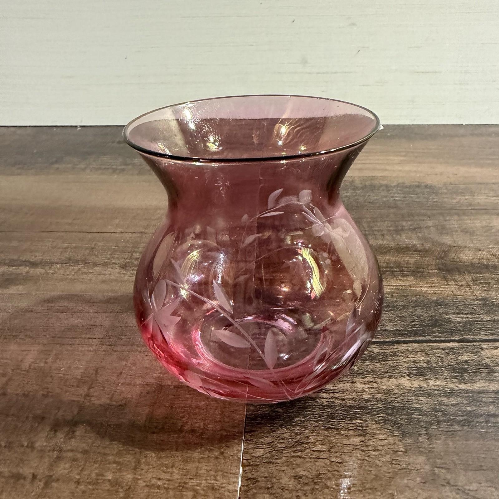 Vintage Cranberry Glass Posy Vase Bohemian Hand Etched Floral 4” Pink Lustre