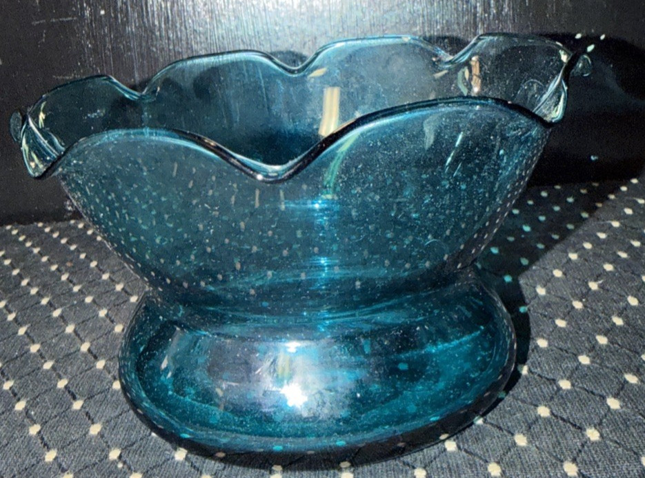 VTG Bischoff? Glass Ruffled Blue Bowl MCM Hand Blown Footed Centerpiece