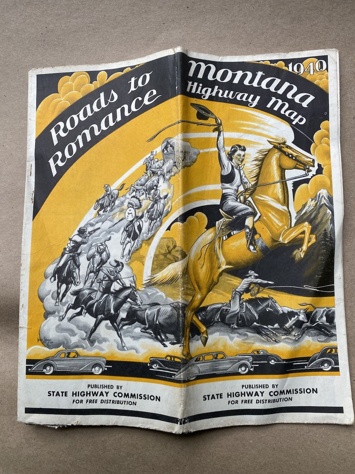 Vtg 1940 Montana State Highway Map Horse Stampede Indians Cowboy Cowgirl