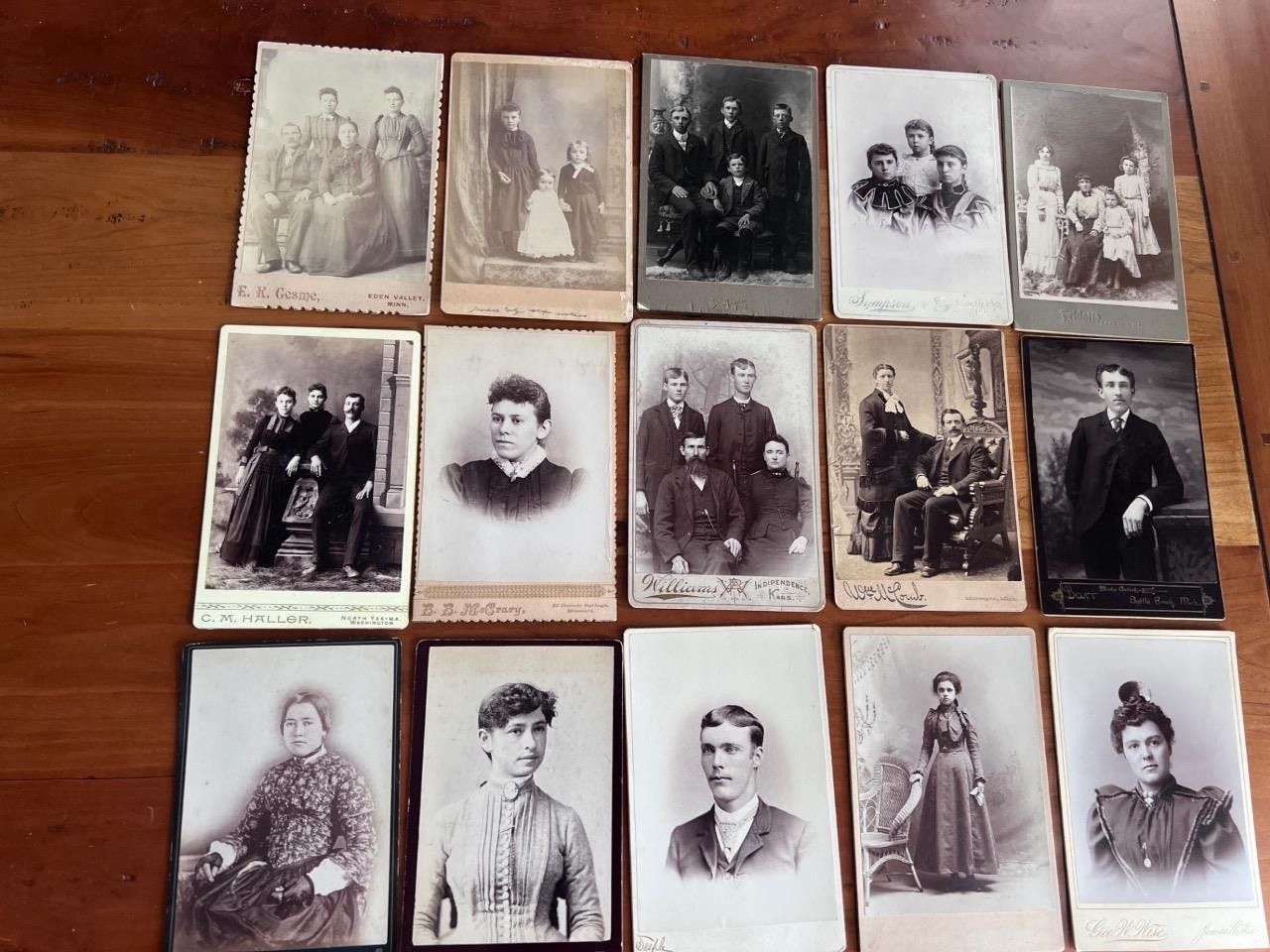 LOT/14 ASSORTED c1890 CABINET CARDS:GROUPS MEN WOMEN PA IL WA MN MI MO KS WI ND