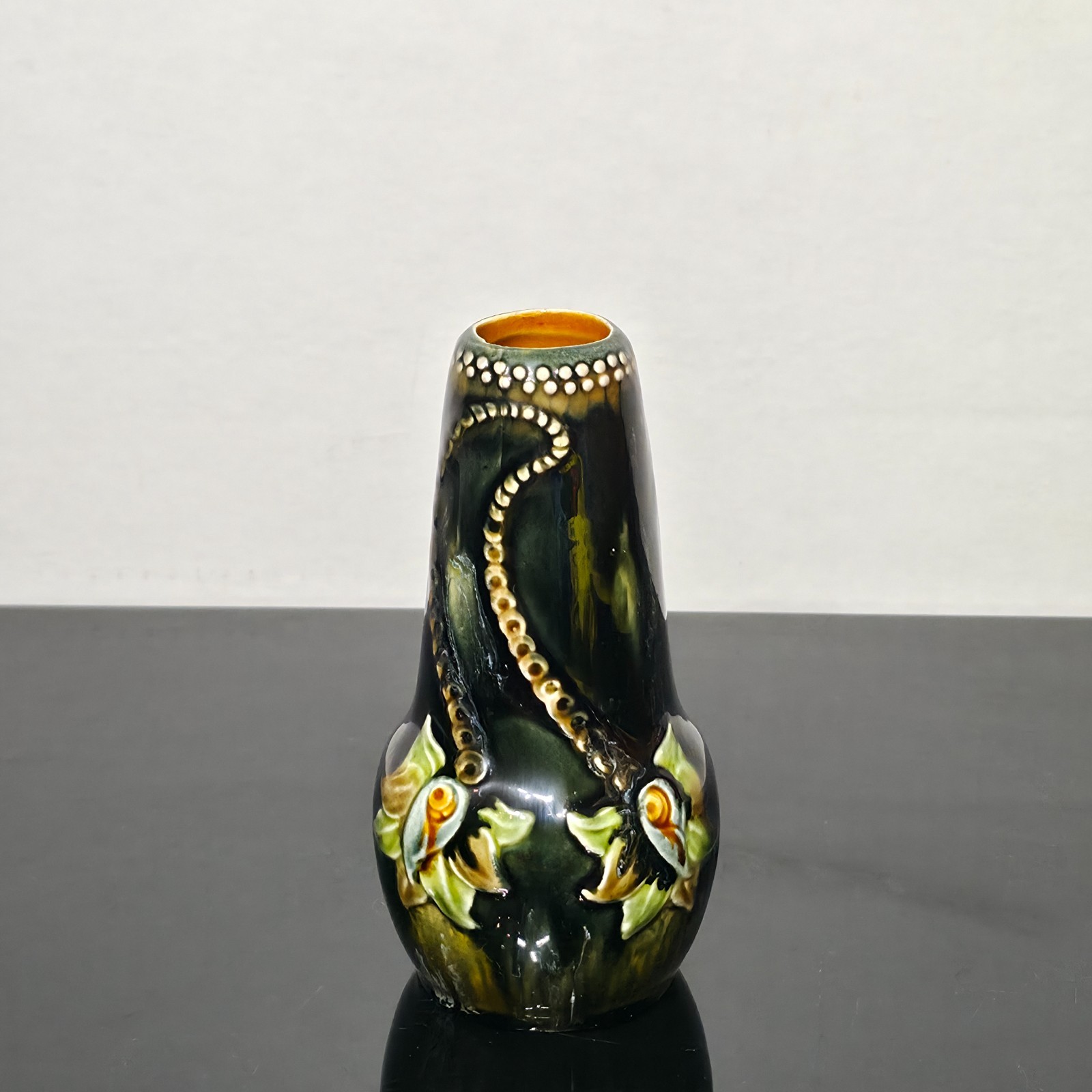 Antique Art Nouveau Majolica Vase Barbotine Floral Green European c1900 No. 07 Antique Art Nouveau Majolica Vase Barbotine Floral Green European c1900 No. 07