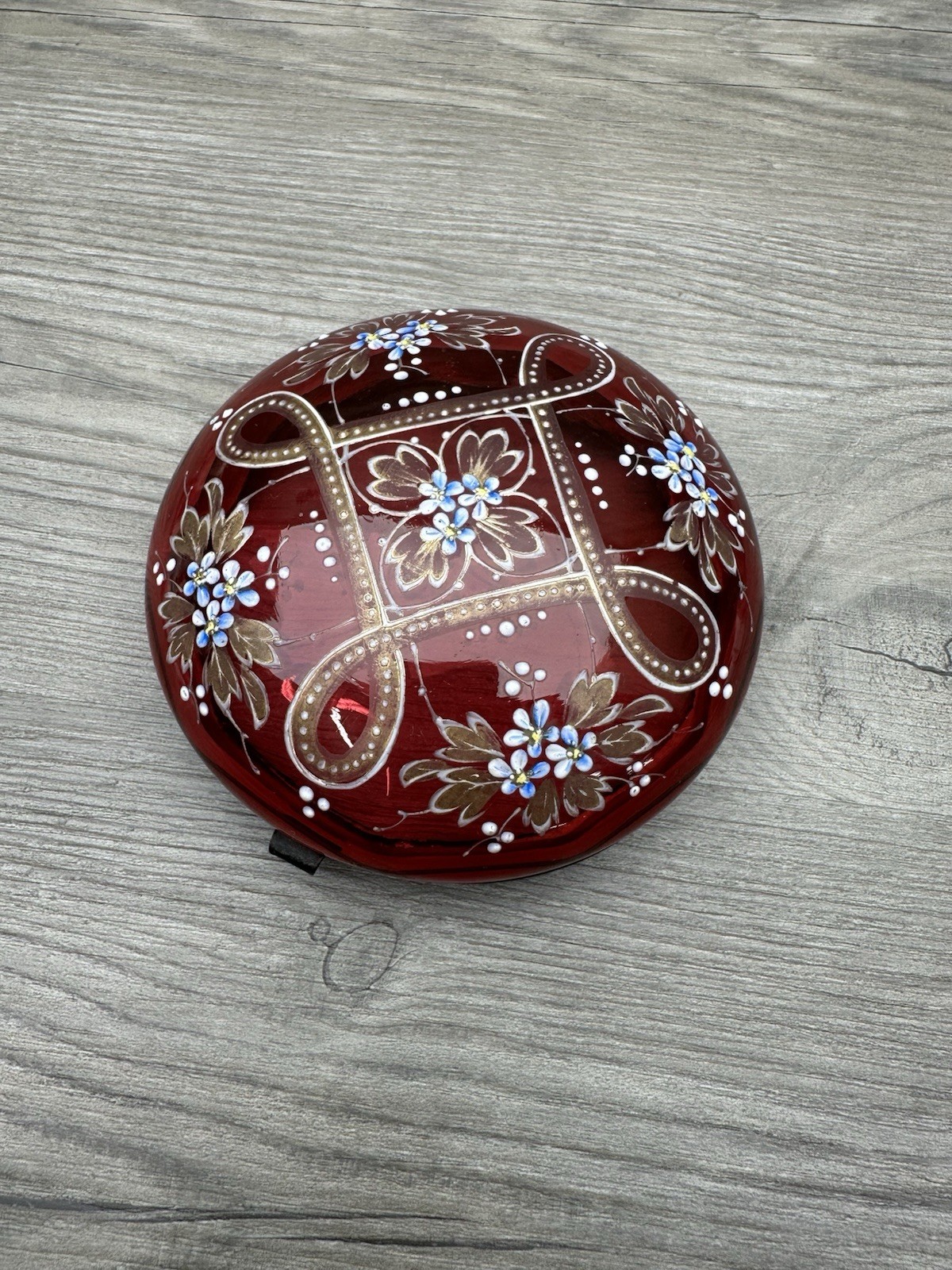 Antique Bohemian Cranberry Glass Trinket Box Lid Hand Painted Enamel Floral