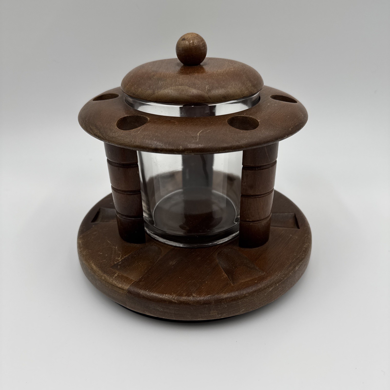 Vintage Duk-It Walnut 6 Pipe Stand Holder Rack Glass Tobacco Jar Humidor MCM