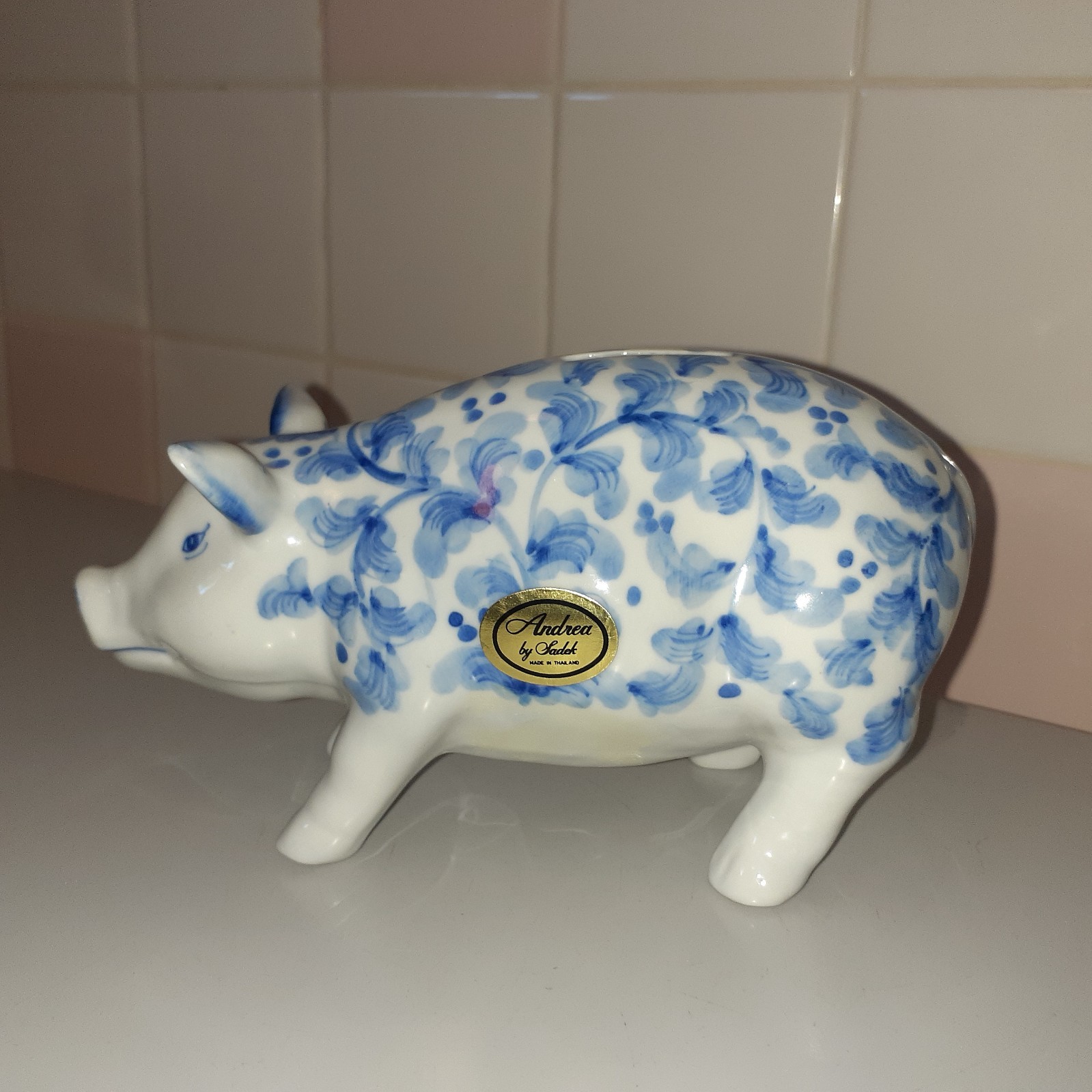 Andrea by Sadek Vintage White/Blue Porcelain Pig Piggy Bank 6.8\ Andrea by Sadek Vintage White/Blue Porcelain Pig Piggy Bank 6.8\