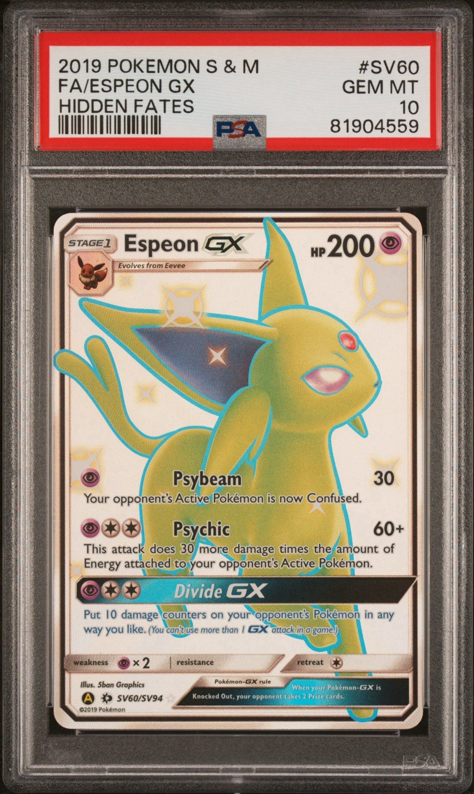 2019 Pokemon Hidden Fates Espeon GX Full Art #SV60 PSA 10