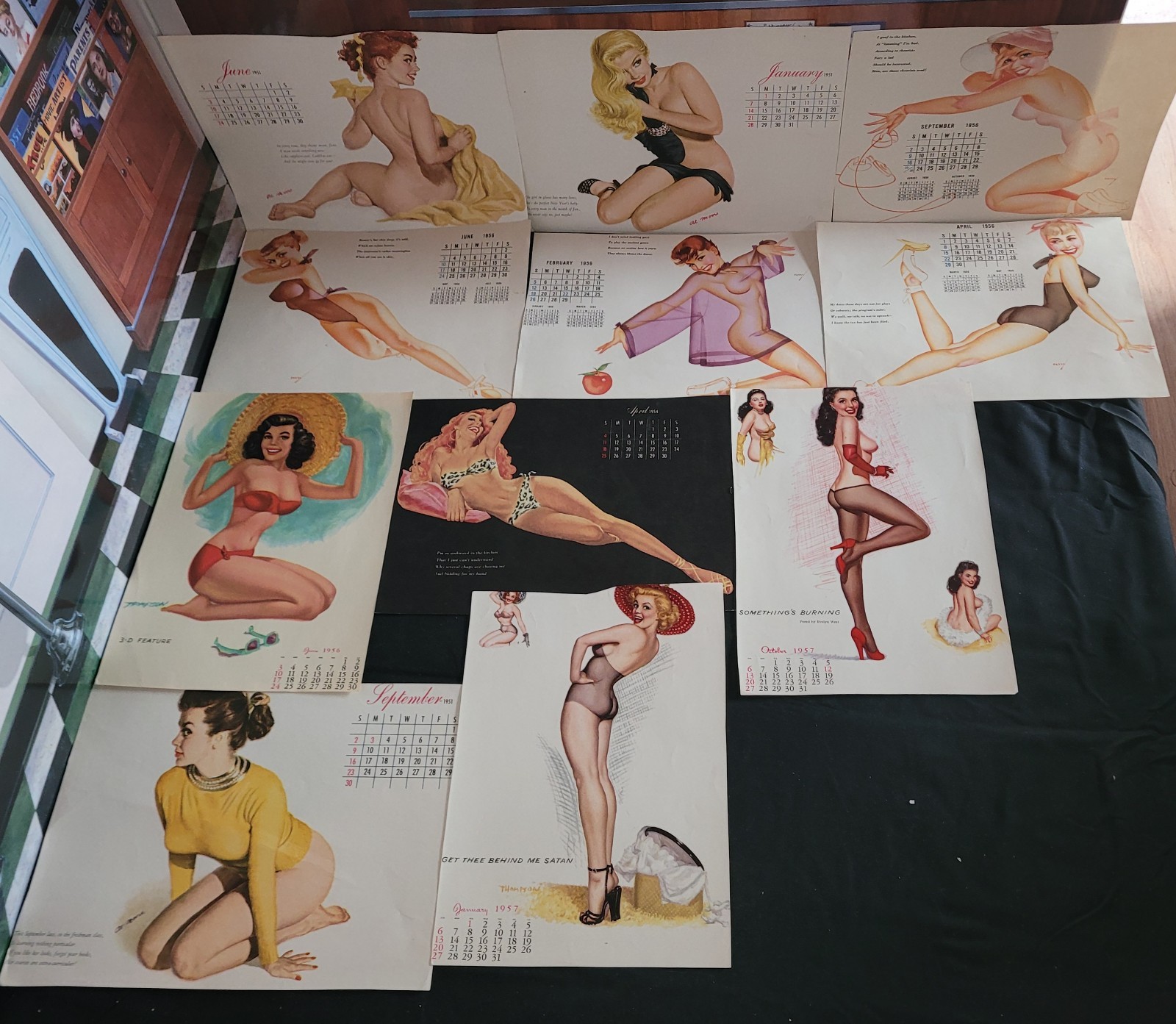 11 Vintage Sexy Risque Pin-up Calendar Pages 1951 1954 1956 Rare Great Color 
