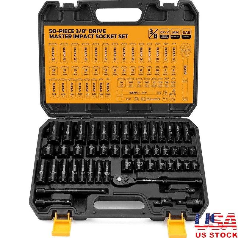50-Piece Impact Socket Set 3/8\'\' Drive Metric SAE Universal Joint Ratchet New