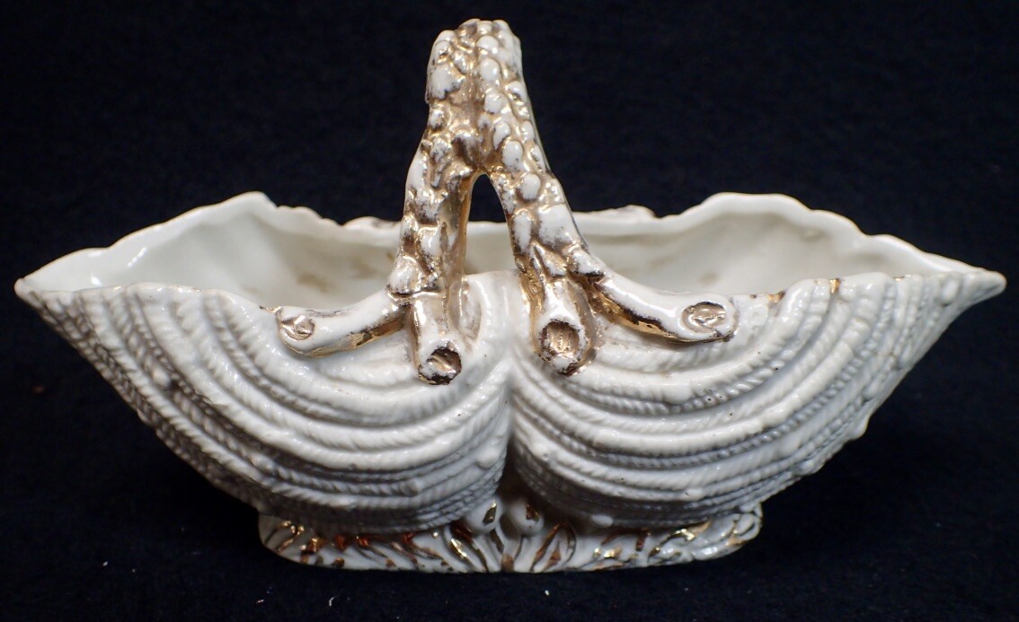 Vintage Double Shell Ceramic Planter Vase White with Gold Embellishments