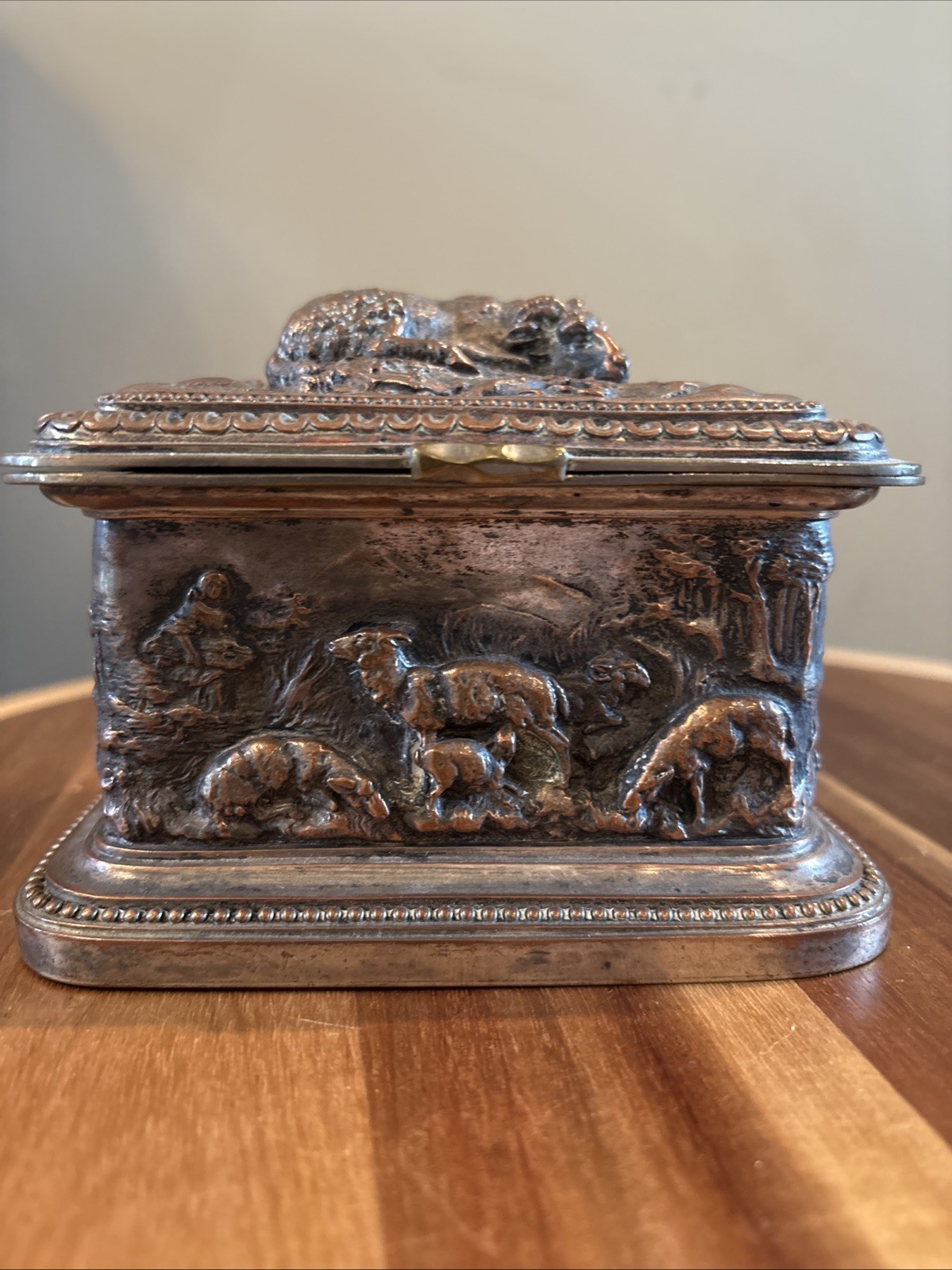 antique Victorian metal Pastoral Scene relief carved casket trinket box. antique Victorian metal Pastoral Scene relief carved casket trinket box.