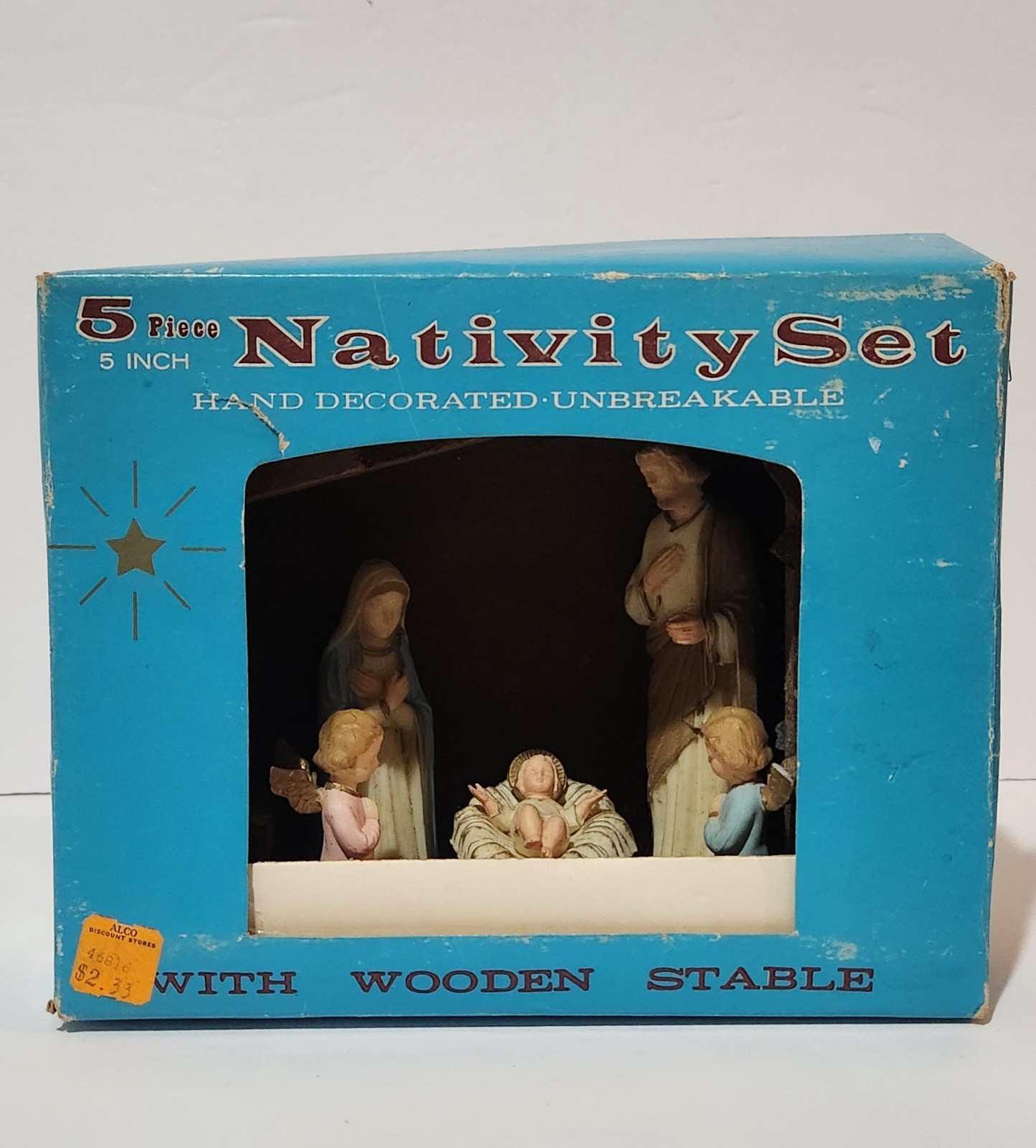 Vintage Resin Wooden Stable Nativity Set With Figures, 5 Piece
