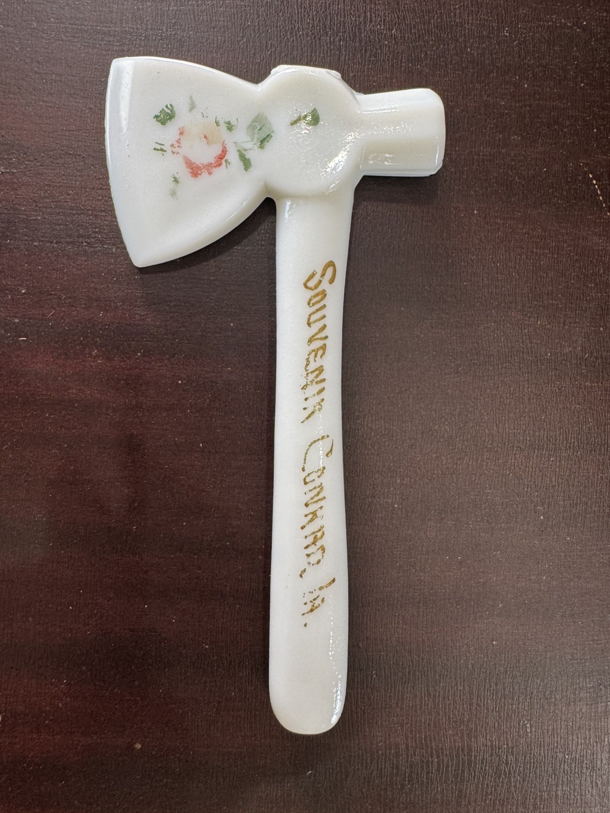RARE Vtg Souvenir Conrad Iowa White Milk Glass Tomahawk Axe Hatchet 6\