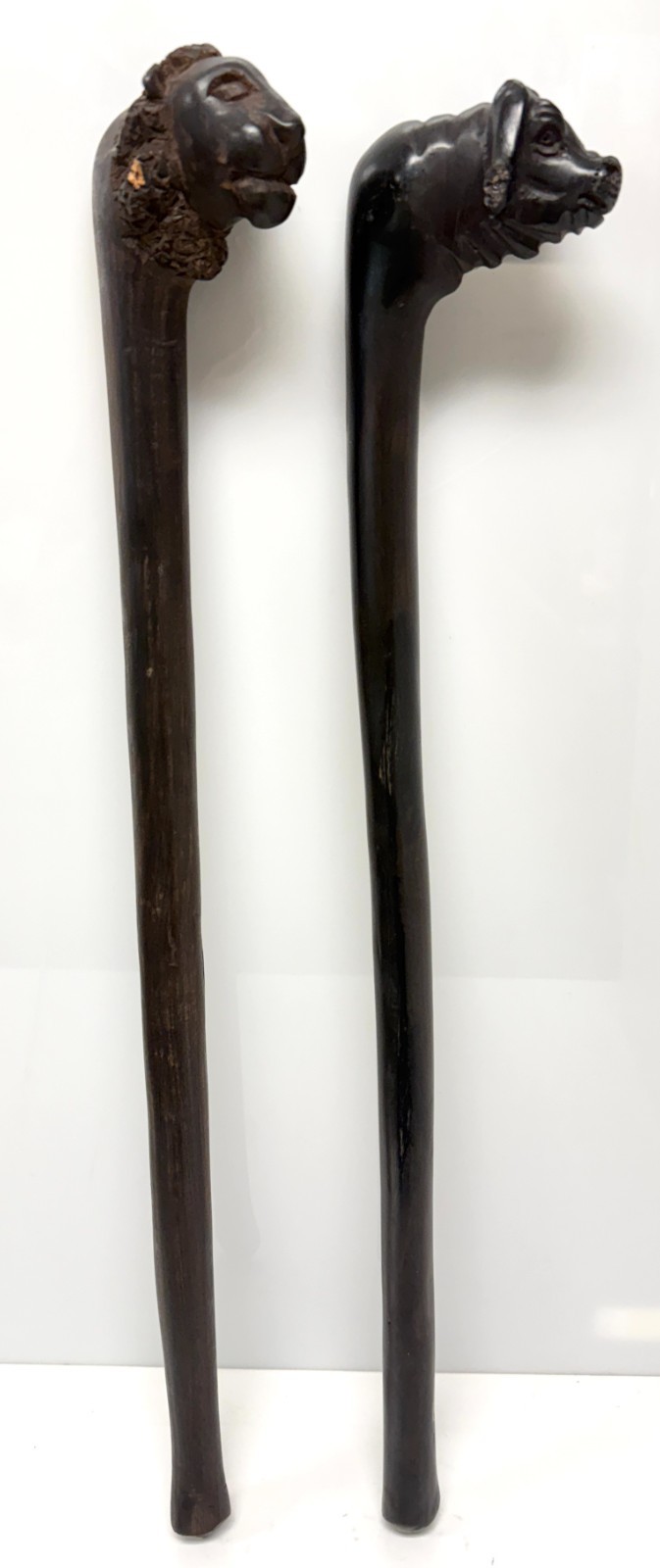 Lot 2 African Hand Carved Wood Animal Head Short Club Baton Lion Buffalo 23