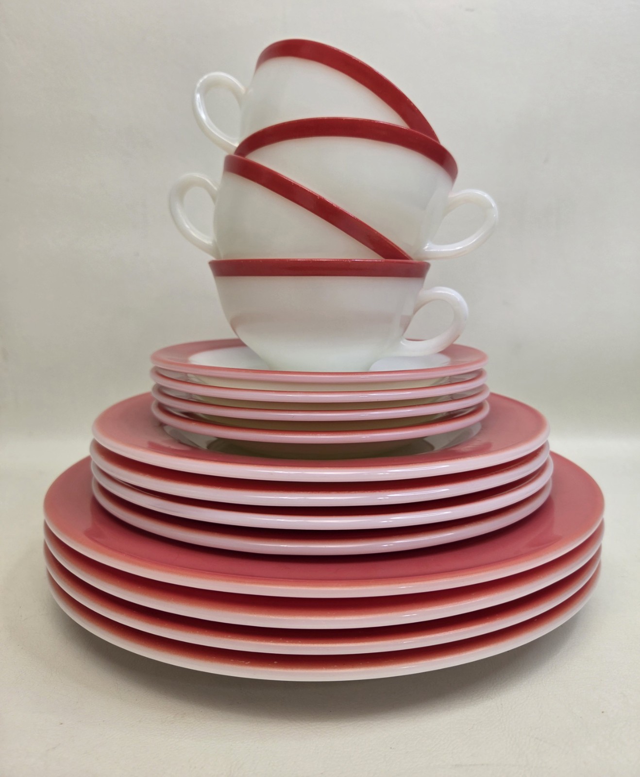 Pyrex Flamingo Coral Band Milk Glass 16 Piece Dish Set 4 Settings MCM Vintage
