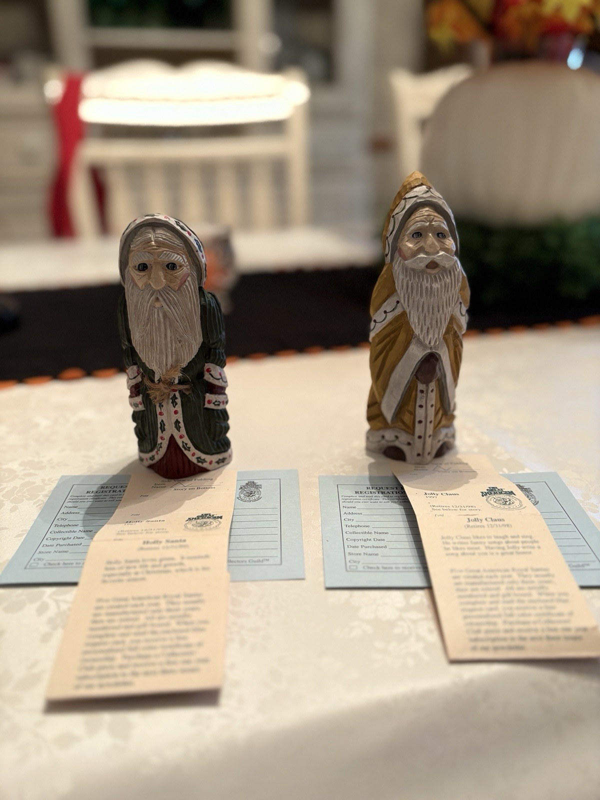 Vintage Hand-Carved Jolly Claus Santa Figurines Set of 2 w/ Registration Cards Vintage Hand-Carved Jolly Claus Santa Figurines Set of 2 w/ Registration Cards