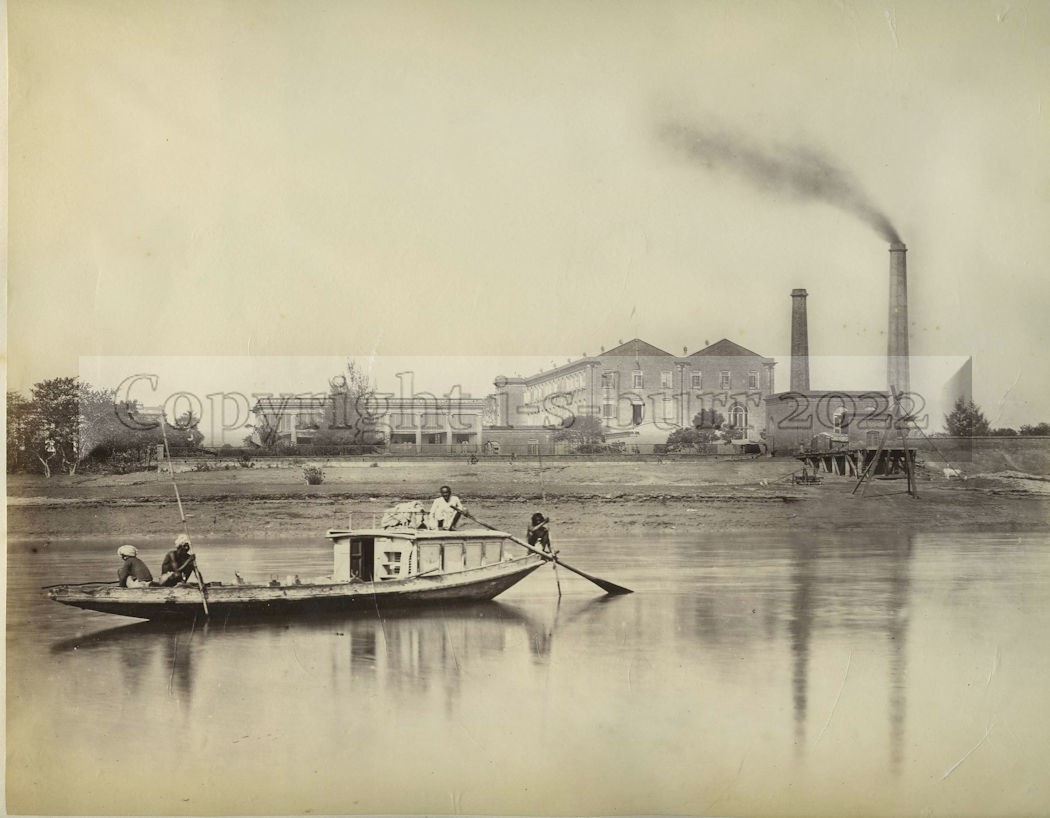 Hooghly River Calcutta Kolkata India Factory & River Boat c1875 Antique Photo