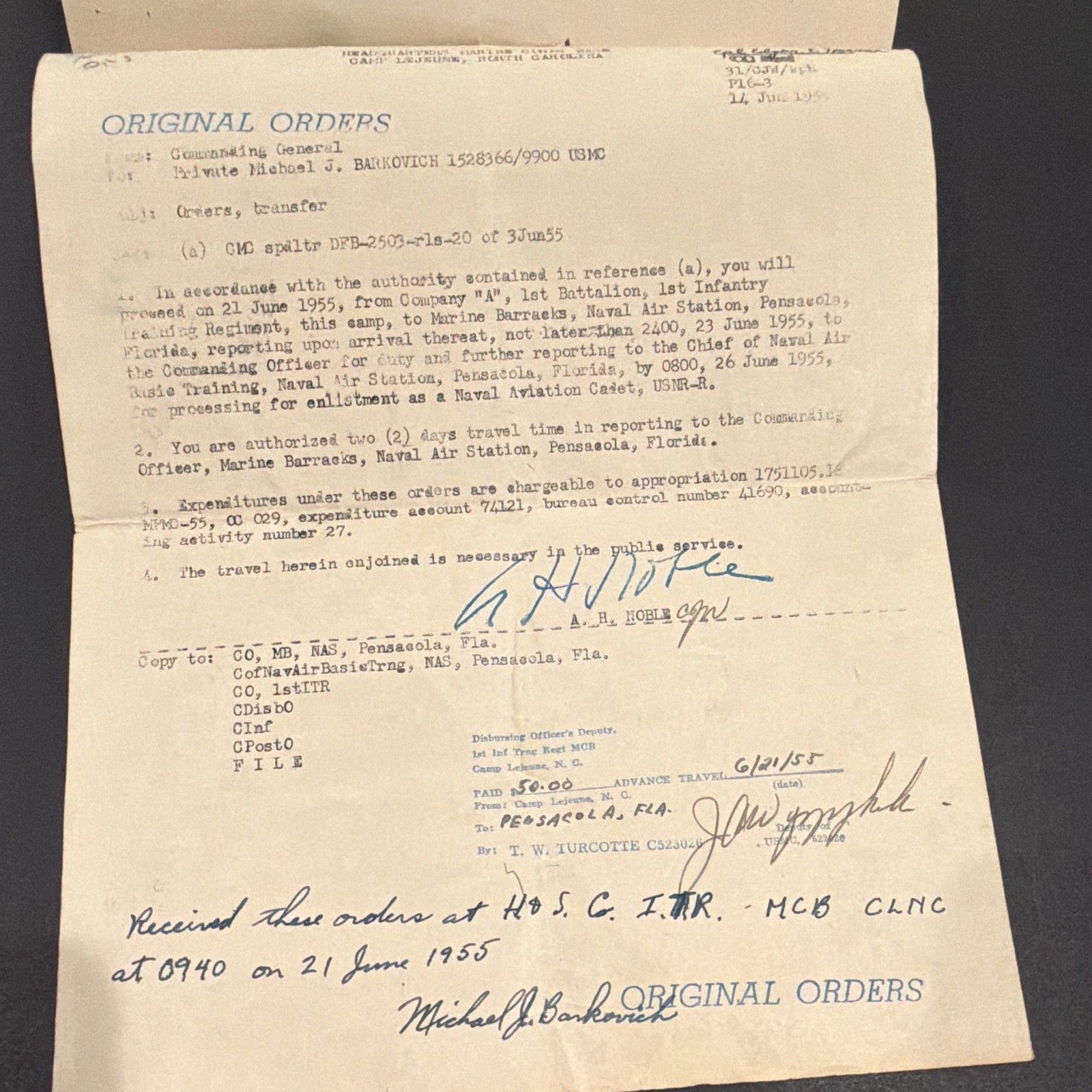 1955 USMC Marine Corps Orders Lot NAS Pensacola Naval Aviation Cadet Named 