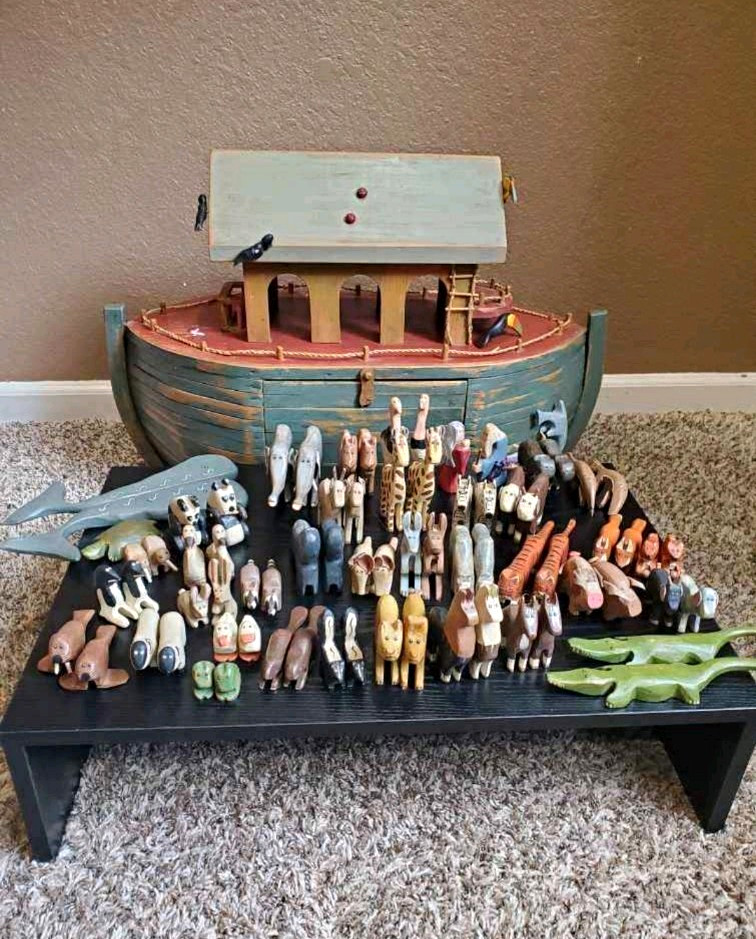 Hand-Painted Wooden Noah’s Ark Storage Boat Set w/ Animal Figurines, Kids
