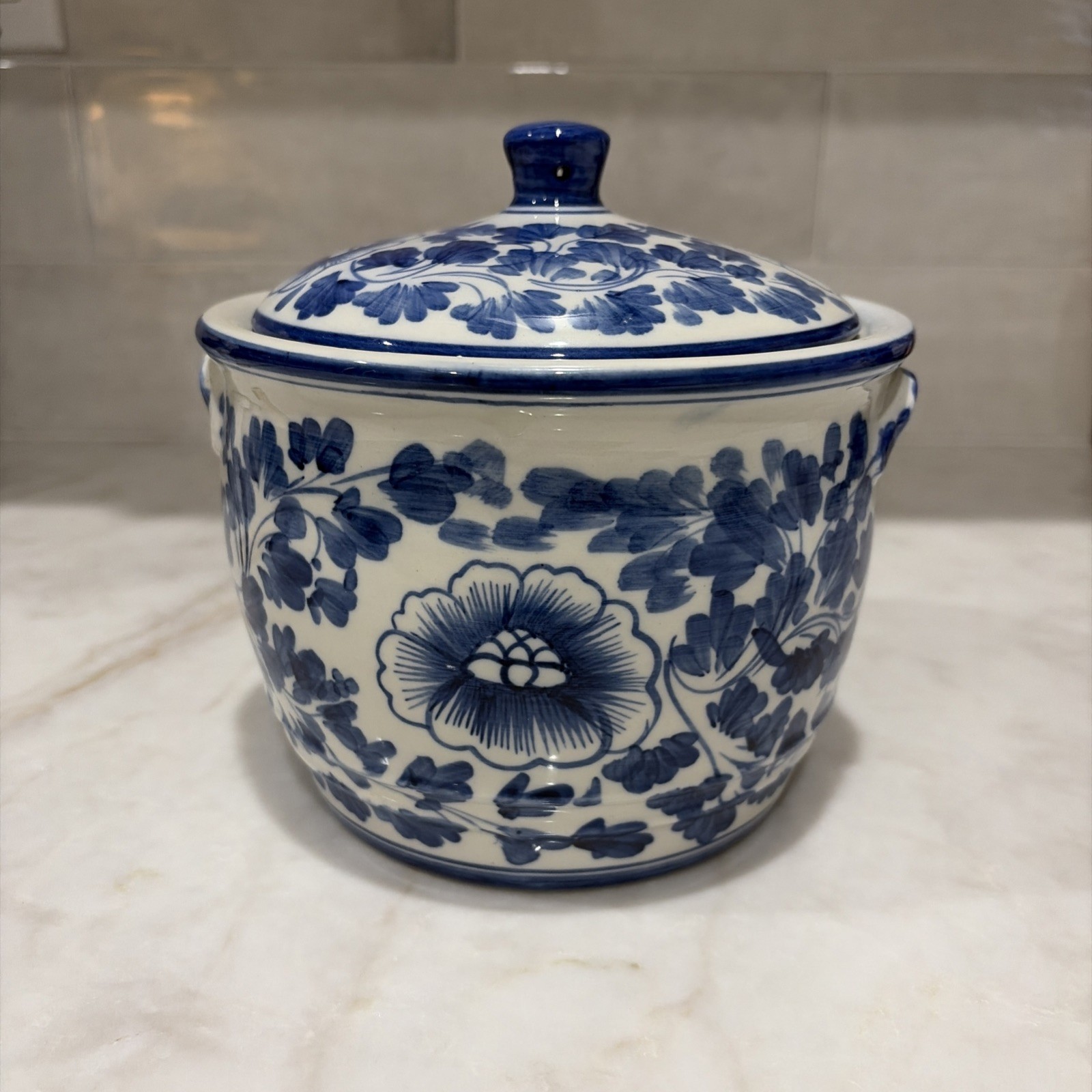 Mid 20th Century Blue & White Shafford Lotus Flower Canister W/Lid - perfect Mid 20th Century Blue & White Shafford Lotus Flower Canister W/Lid - perfect