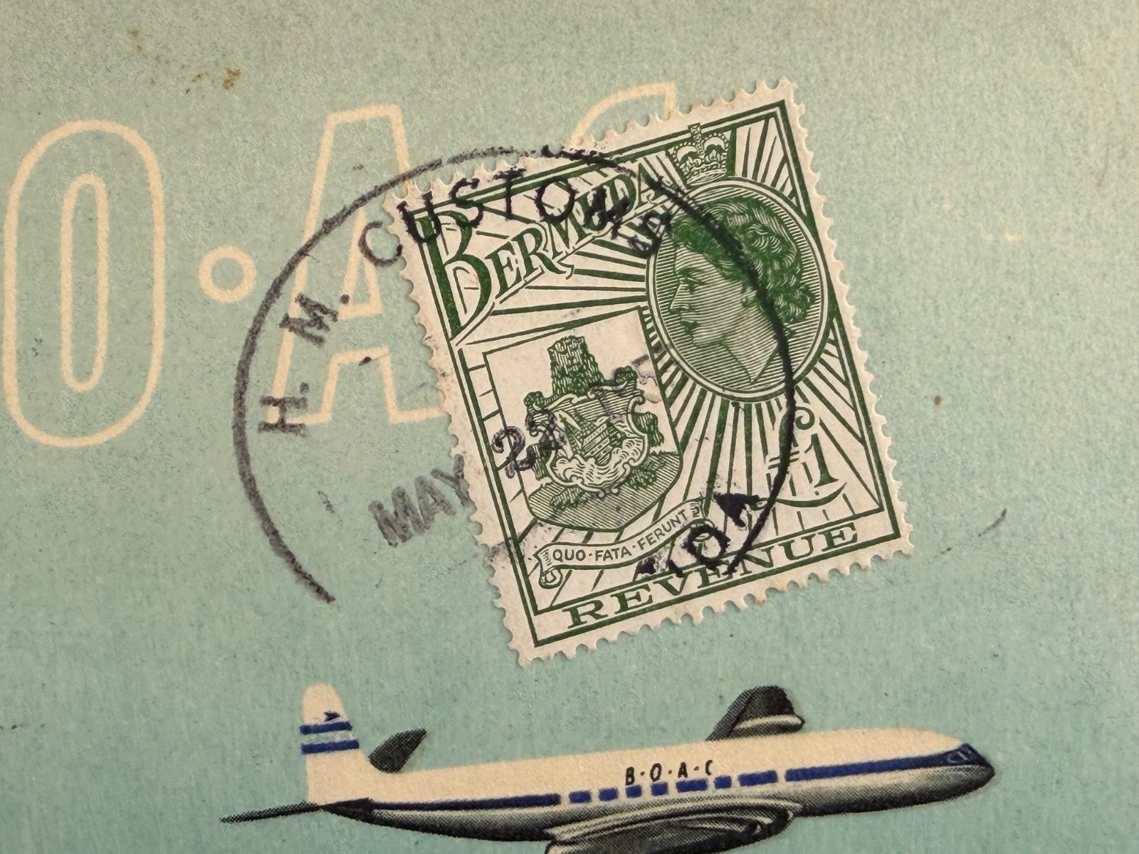 Bermuda QE II £1 Revenue Stamp 1955 BOAC Airline Ticket Airport Customs Cancel
