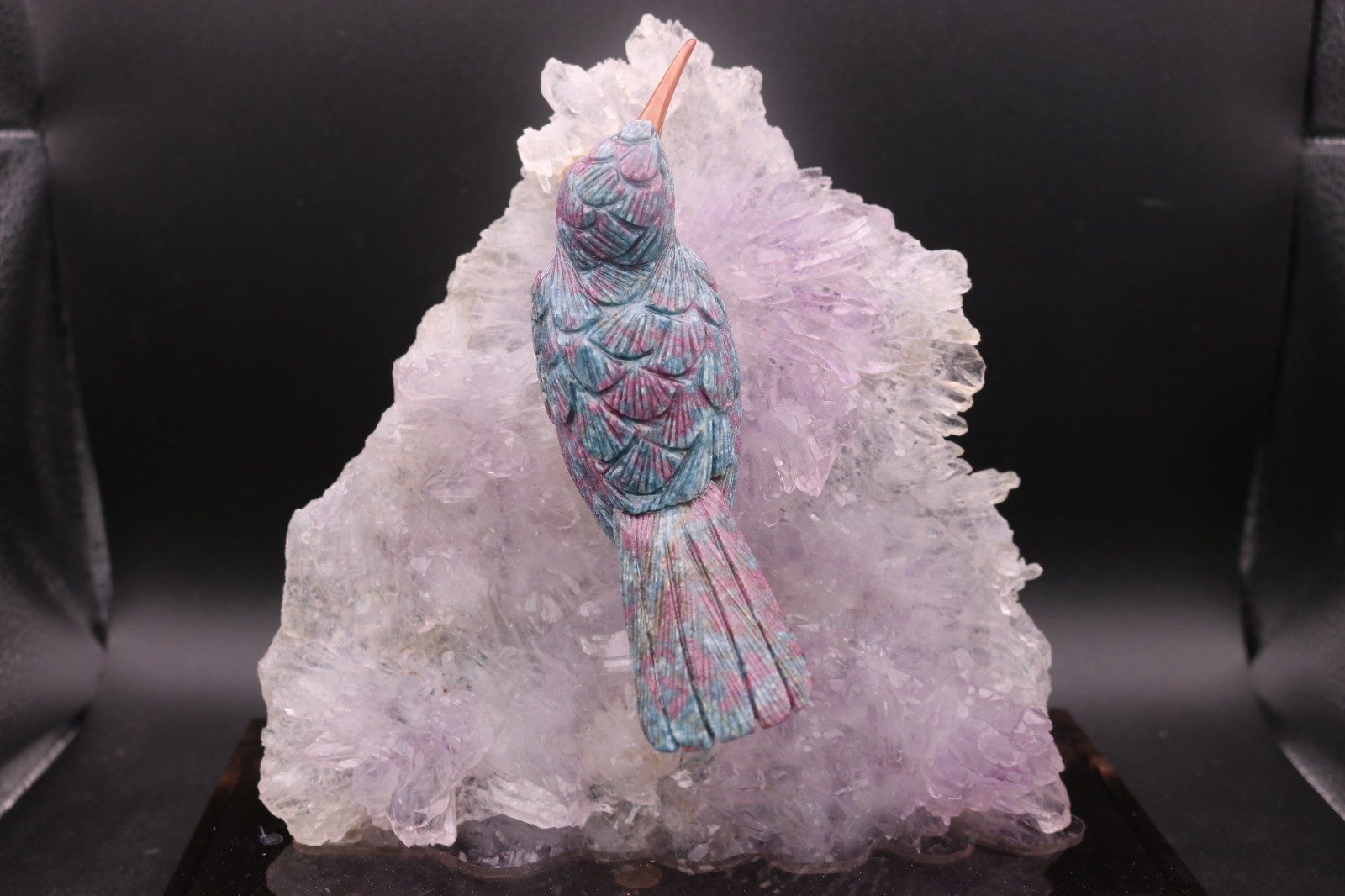 Peter Muller Hand Carved Ruby Zoisite Hummingbird on Ameythst Flower Base