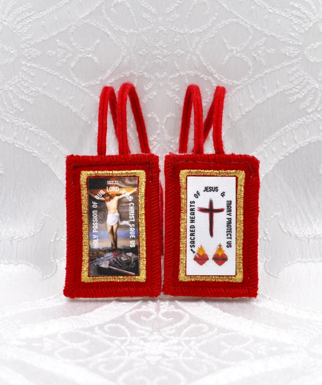 Fivefold Embroidered Wool Scapular with Braided Wool Cords, Small 2.25\ Fivefold Embroidered Wool Scapular with Braided Wool Cords, Small 2.25\