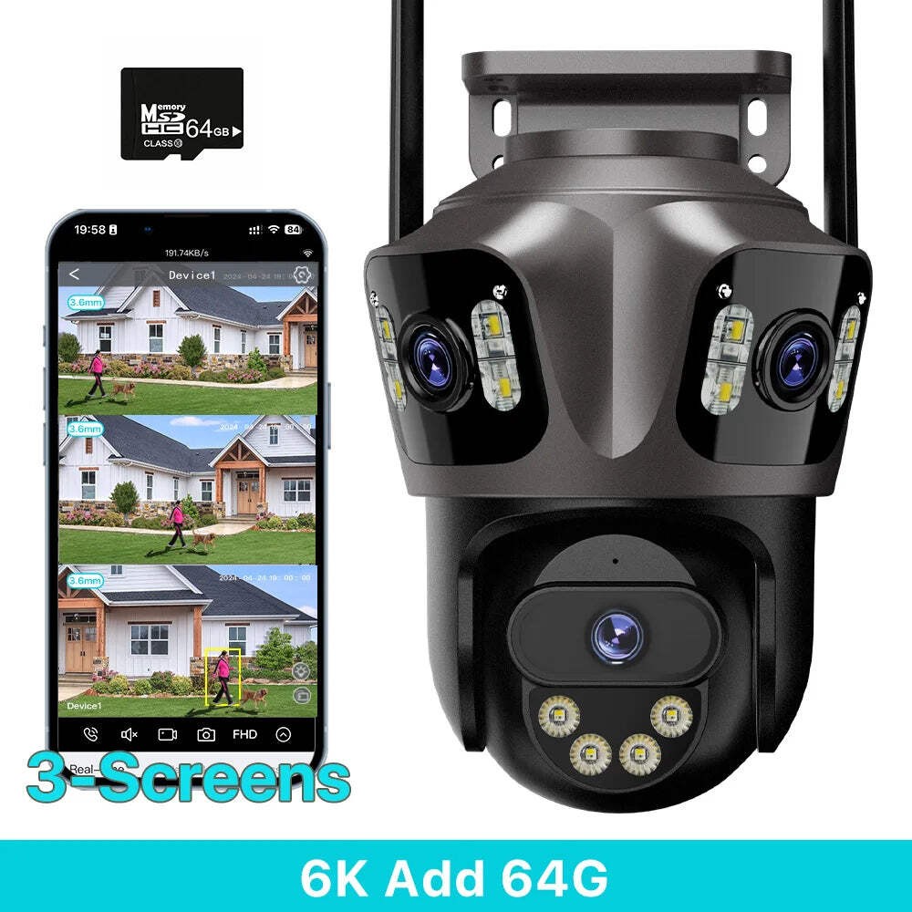 6K HD Outdoor IP Camera WiFi Three Lens Three Screen PTZ Security Camera Auto Tr