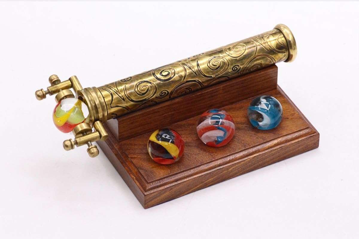 Elegant Brass Kaleidoscope with Interchangeable Marbles & Hardwood Stand Elegant Brass Kaleidoscope with Interchangeable Marbles & Hardwood Stand